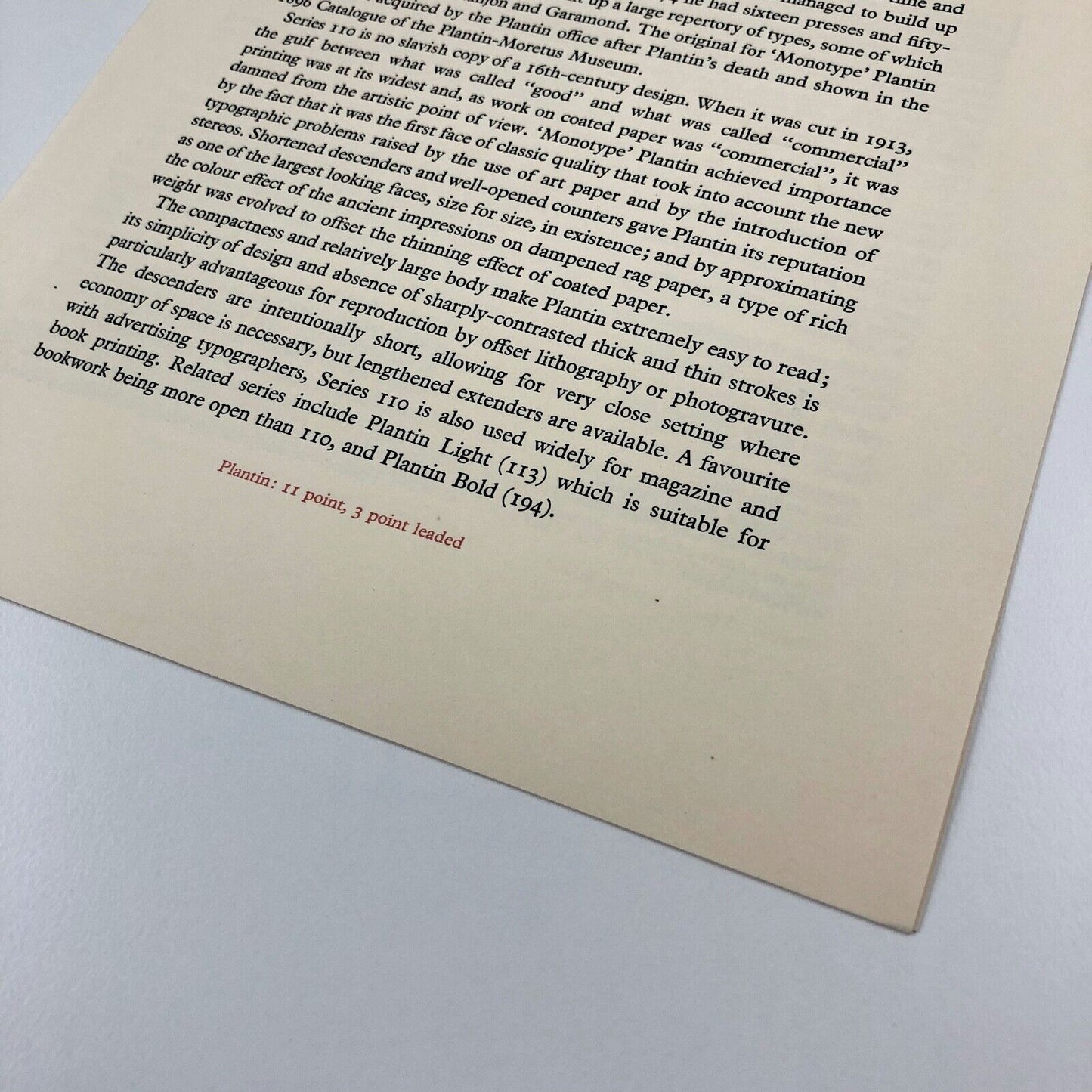 Monotype 'Plantin' type specimen leaflet | The Monotype Corporation | Undated