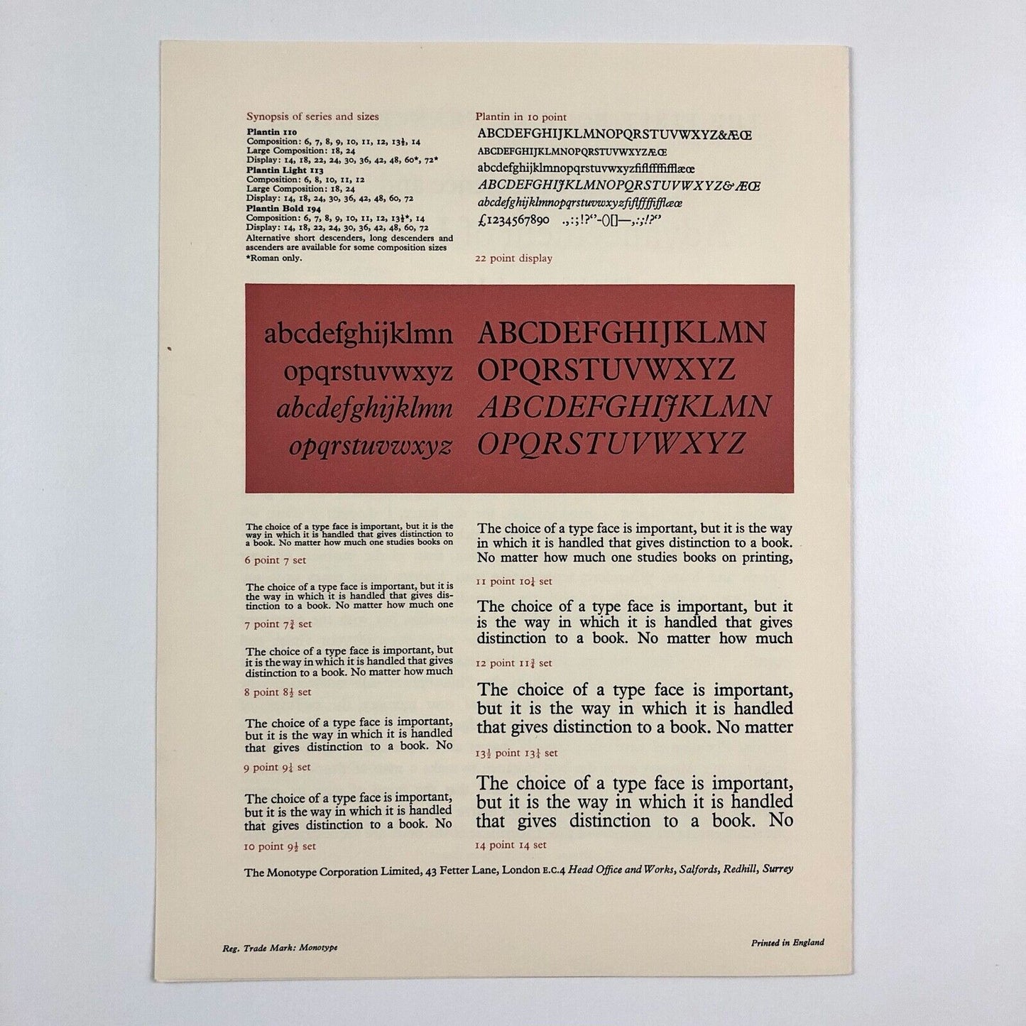Monotype 'Plantin' type specimen leaflet | The Monotype Corporation | Undated
