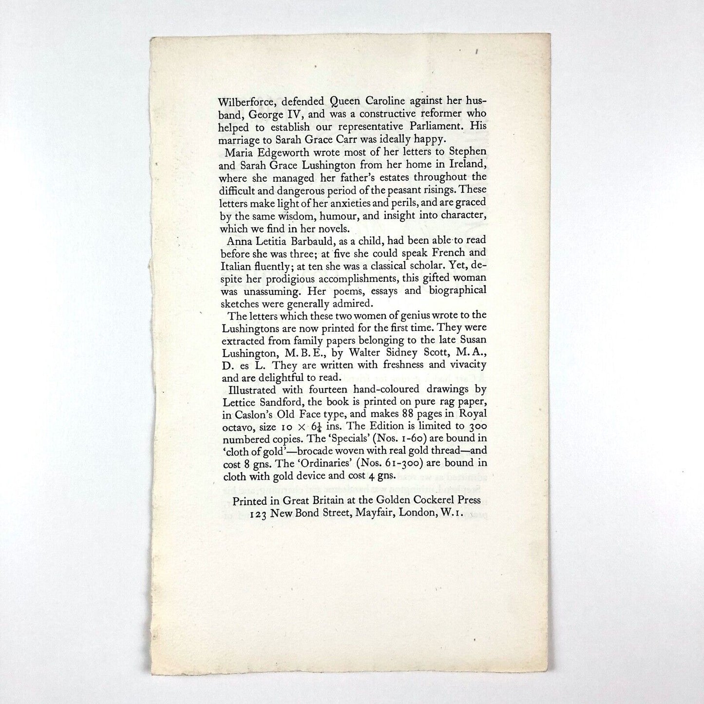 Letters of Maria Edgeworth & Anna Letitia Barbauld | Golden Cockerel Press prospectus leaflet, 1953