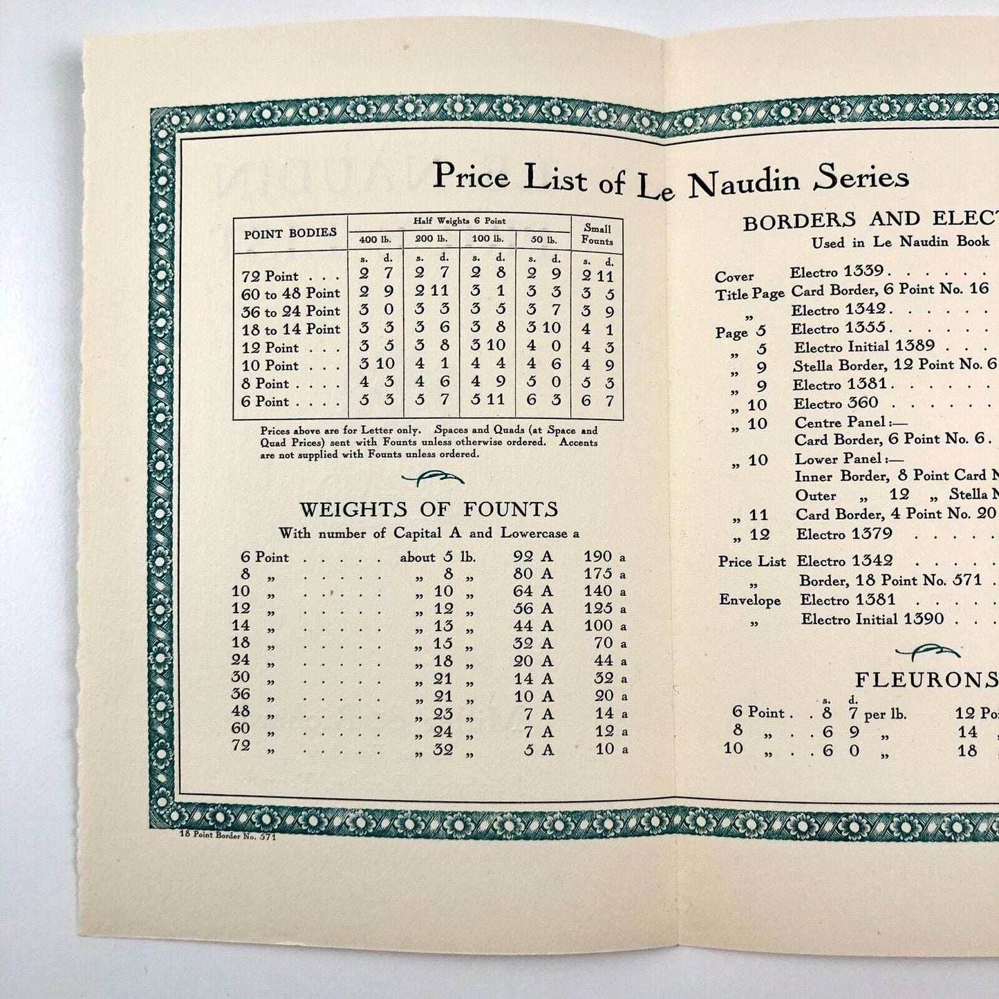 Le Naudin price list leaflet | Type specimens | Miller & Richard Letter Founders
