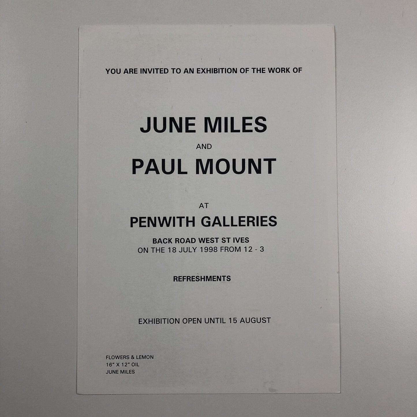 June Miles and Paul Mount | Private view invite | Penwith Galleries, St Ives 1998