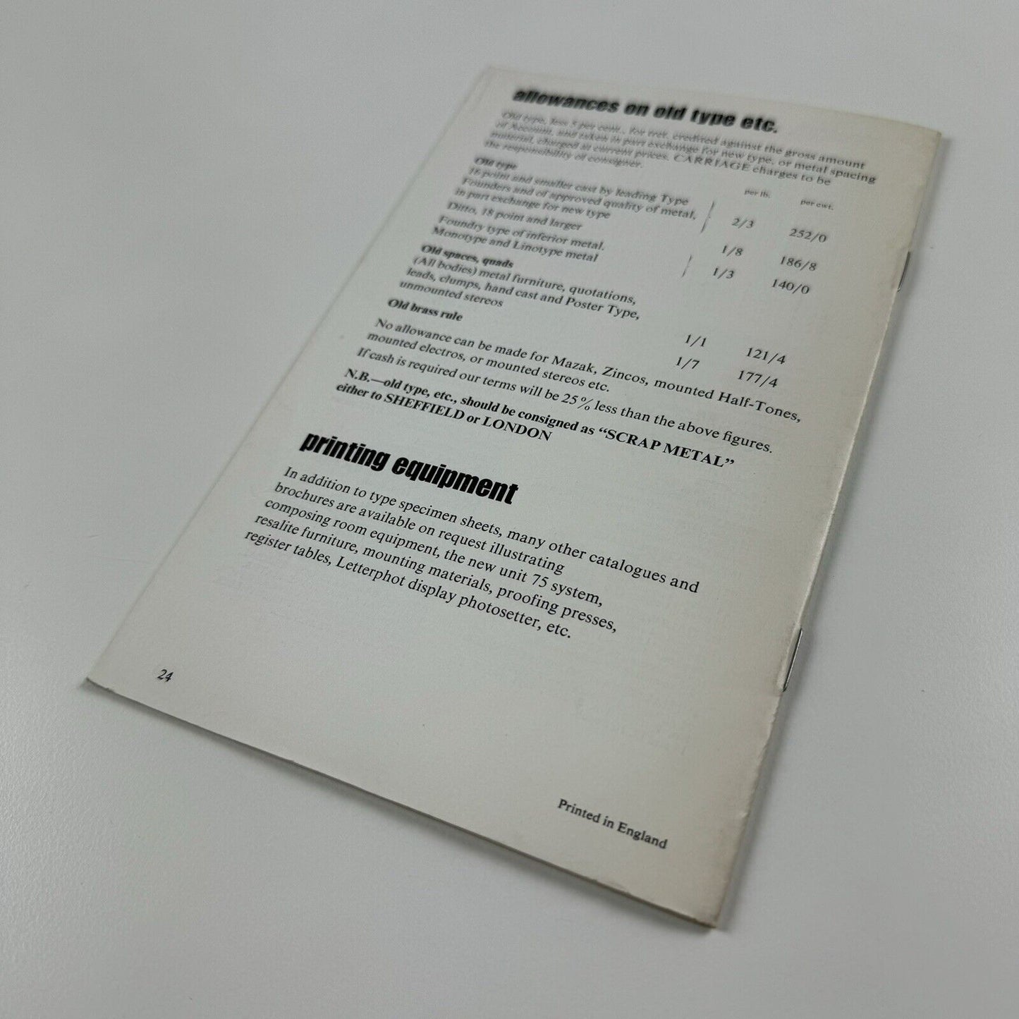 Booklet – Stephenson Blake price list, 1st January 1968 | Type, Brass rule, Electros