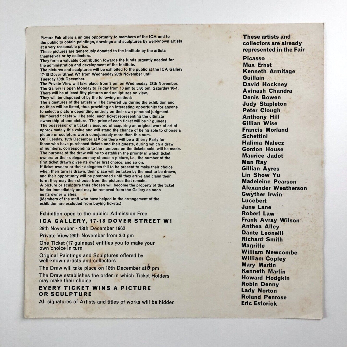 ICA Picture Fair leaflet | ICA Gallery Dover Street London, Nov-Dec 1962