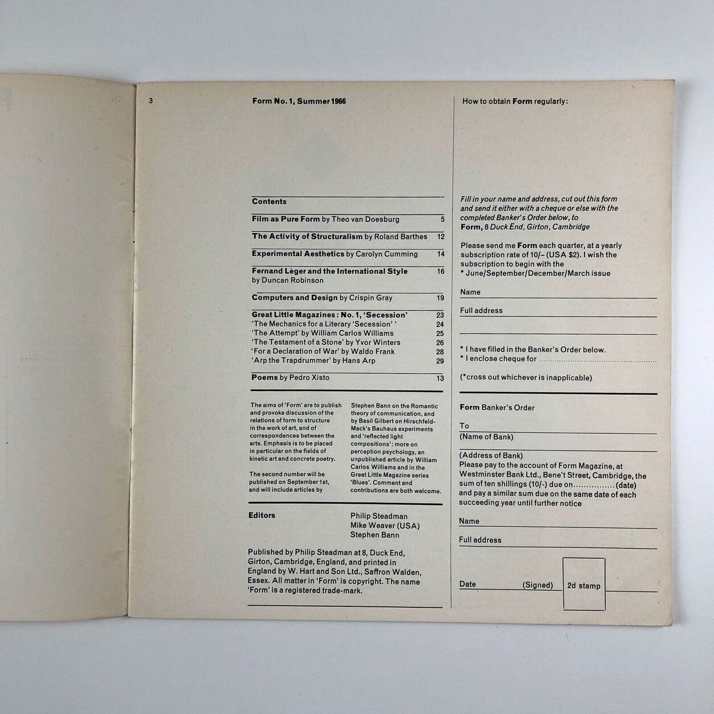 Form No. 1, summer 1966, Philip Steadman, Stephen Bann, Mike Weaver eds.
