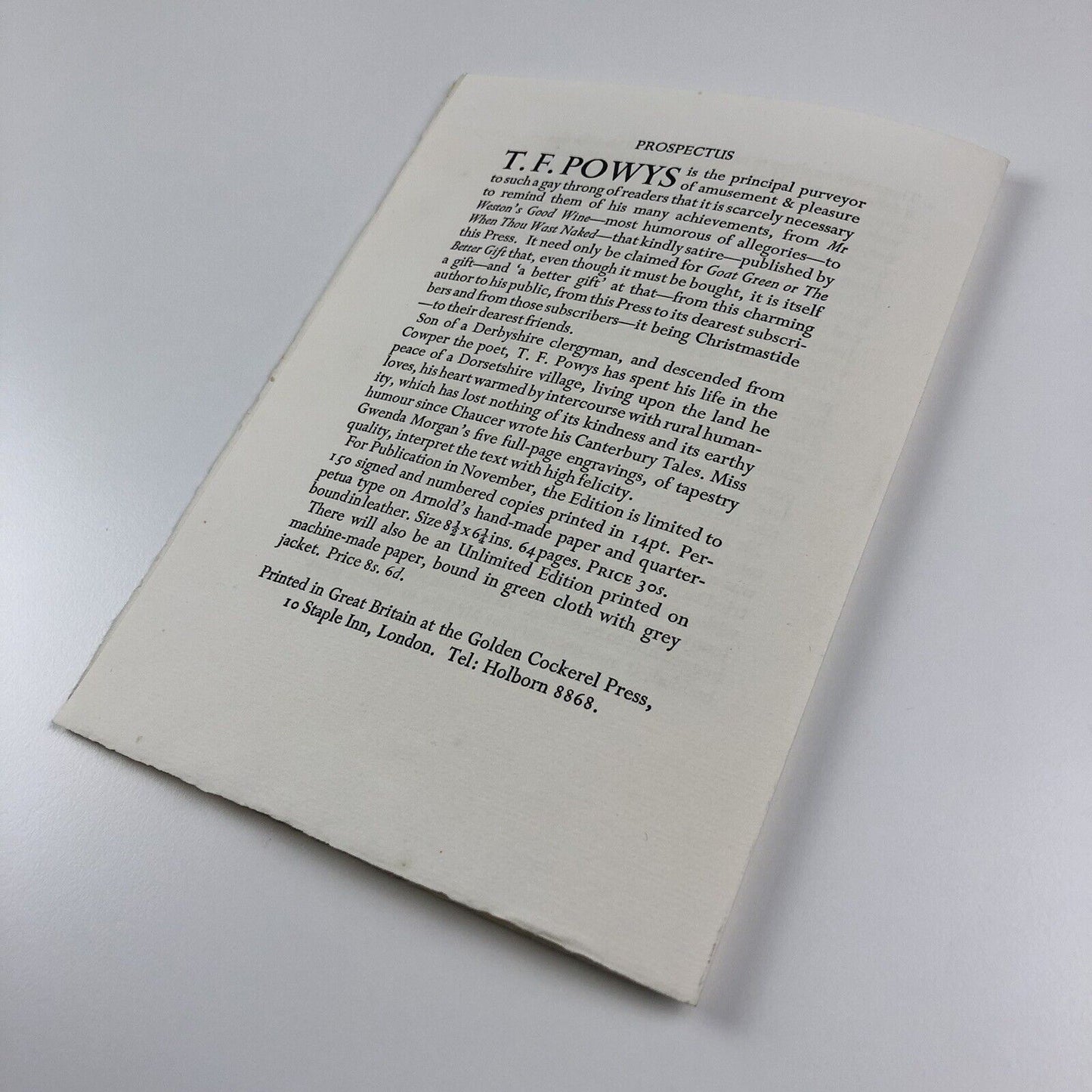 Prospectus leaflet – Goat Green or The Better Gift, Gwenda Morgan | Golden Cockerel Press, 1937