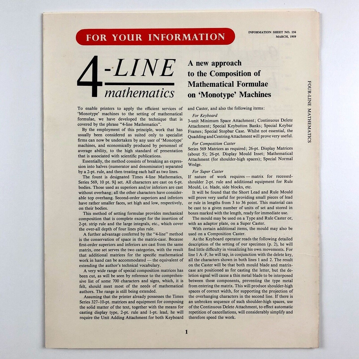 4-Line Mathematics | Monotype information sheet, No 156, March 1959