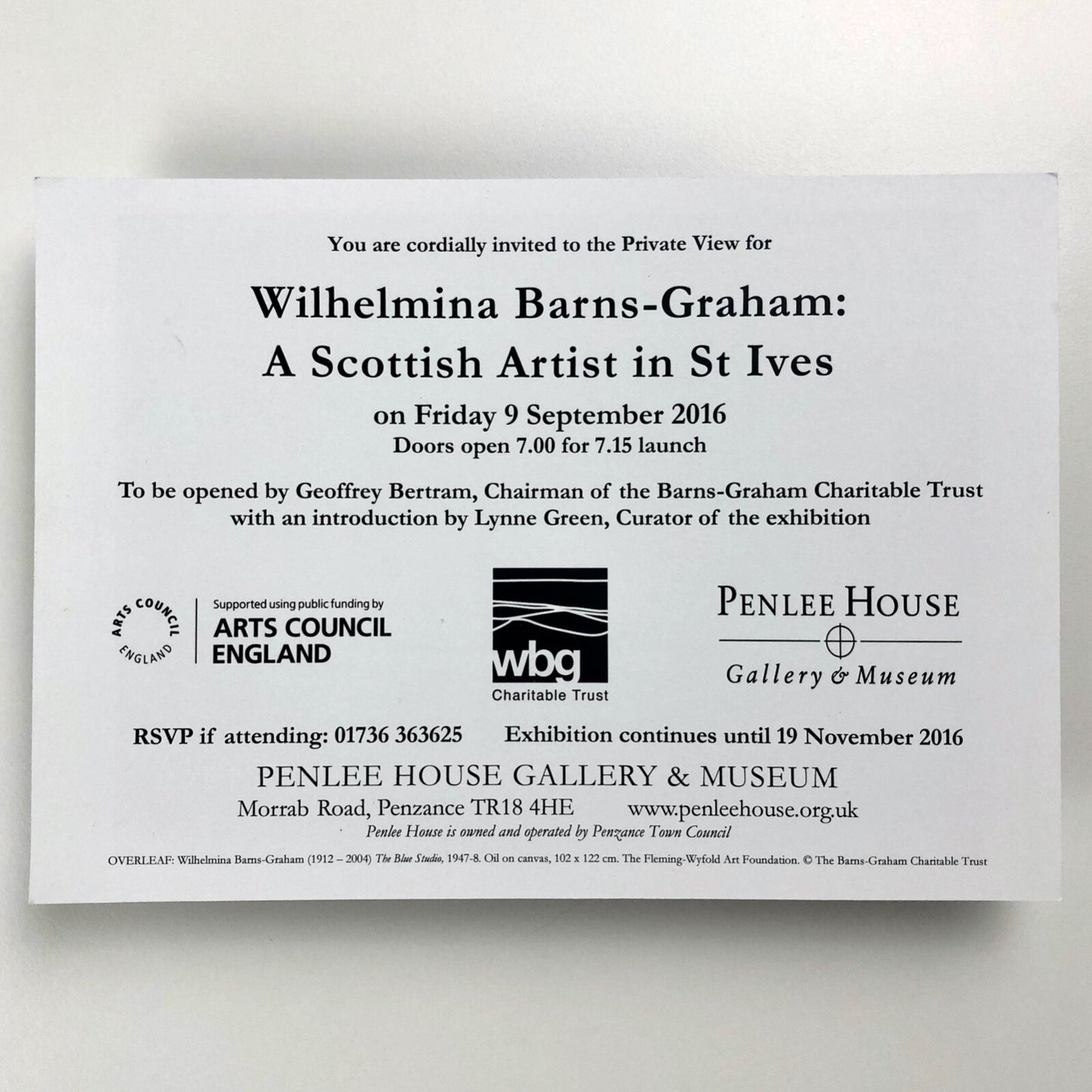 Wilhelmina Barns-Graham. A Scottish Artist in St Ives | Penlee House | Invite card, 2016