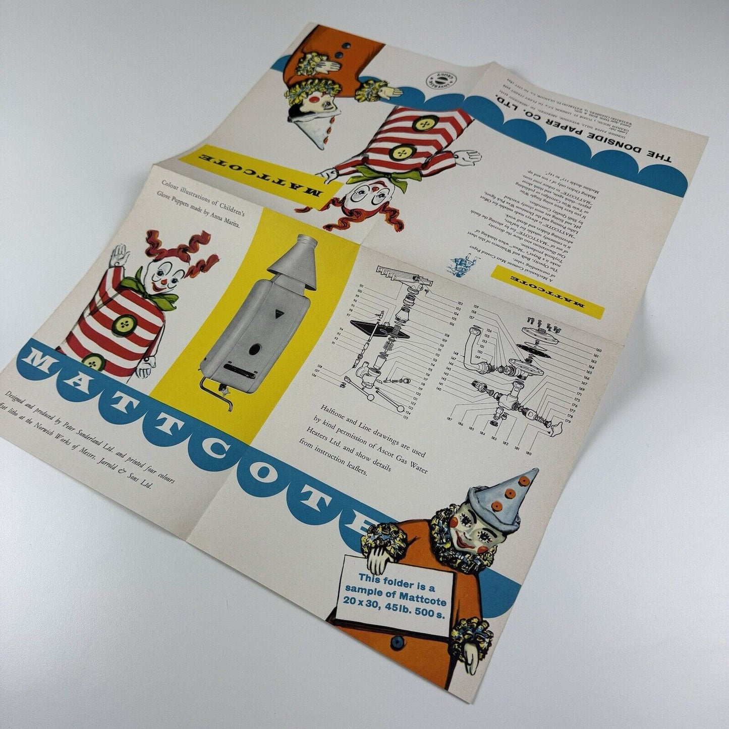 Paper sample leaflet Mattcote Jarrold & Sons | Illustrations taken from glove puppets made by Anna Marita | Donside Paper Co