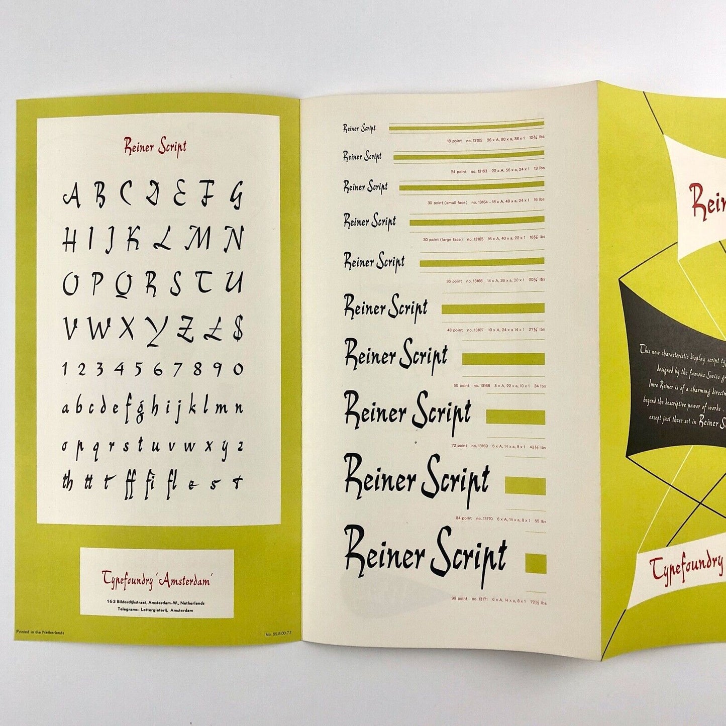 Type specimen leaflet 'Reiner Script' - Typefoundry Amsterdam | type design by Imre Reiner, undated, c. 1955