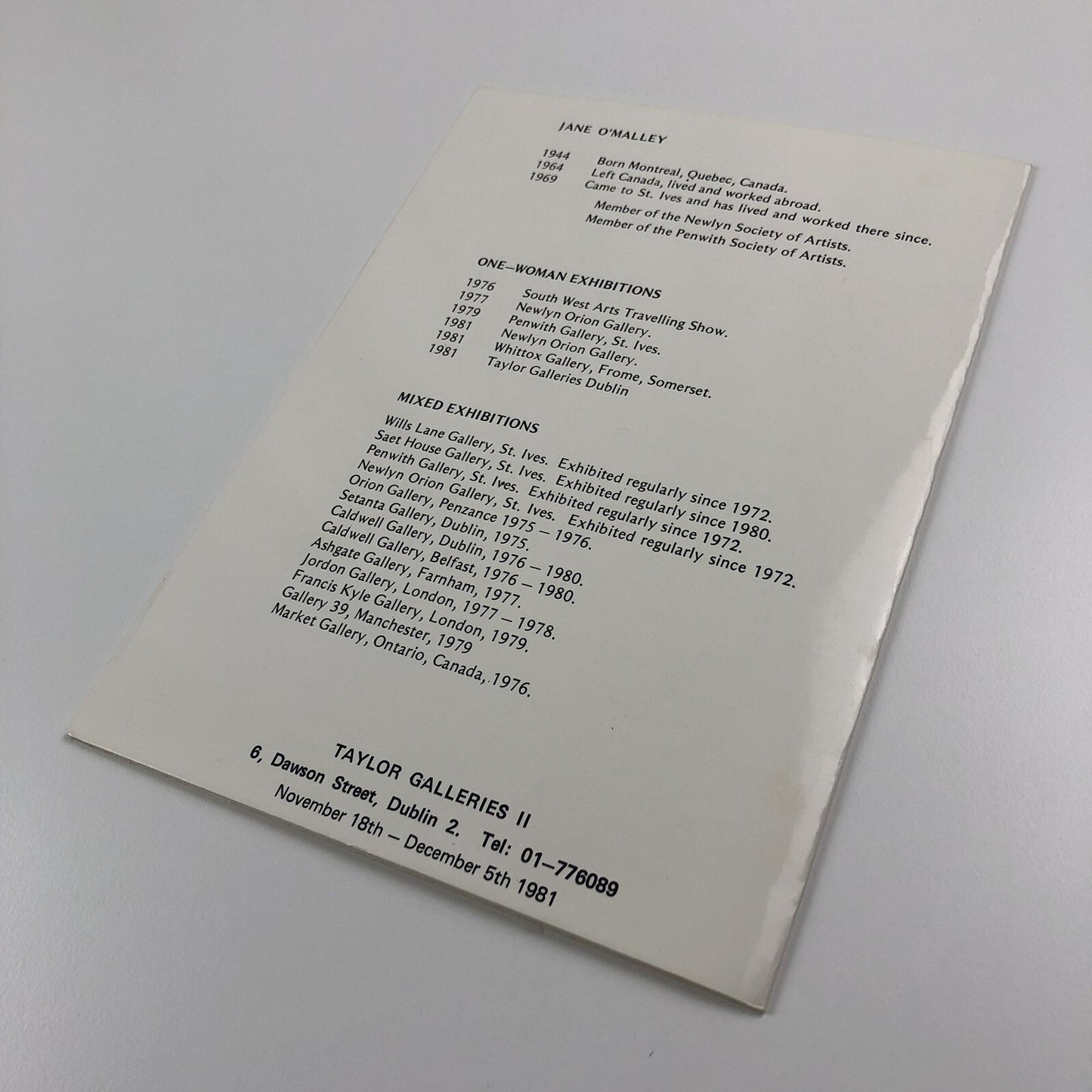 Folded card – Jane O'Malley | Taylor Galleries Dublin, 1981