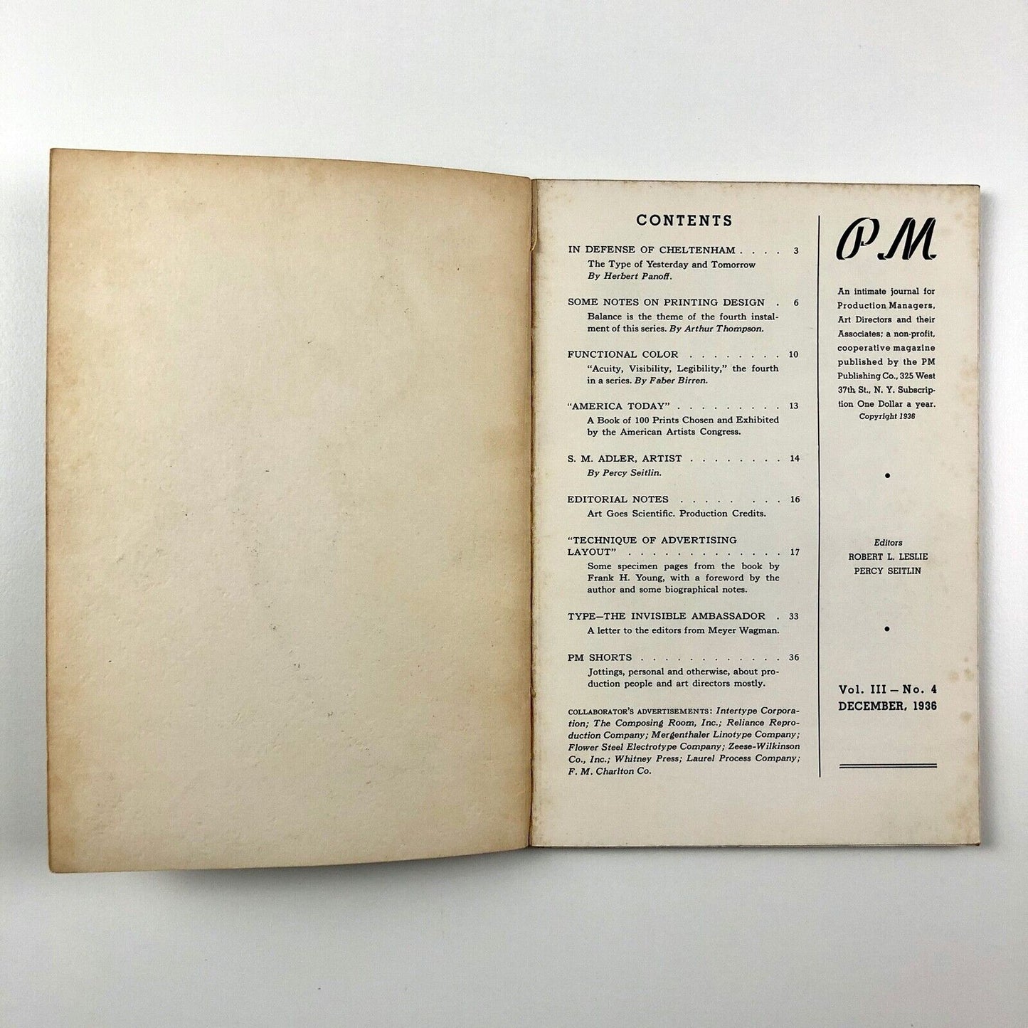 PM – Journal for Production Managers | Volume III, No. 4, December 1936 | Percy Seitlin