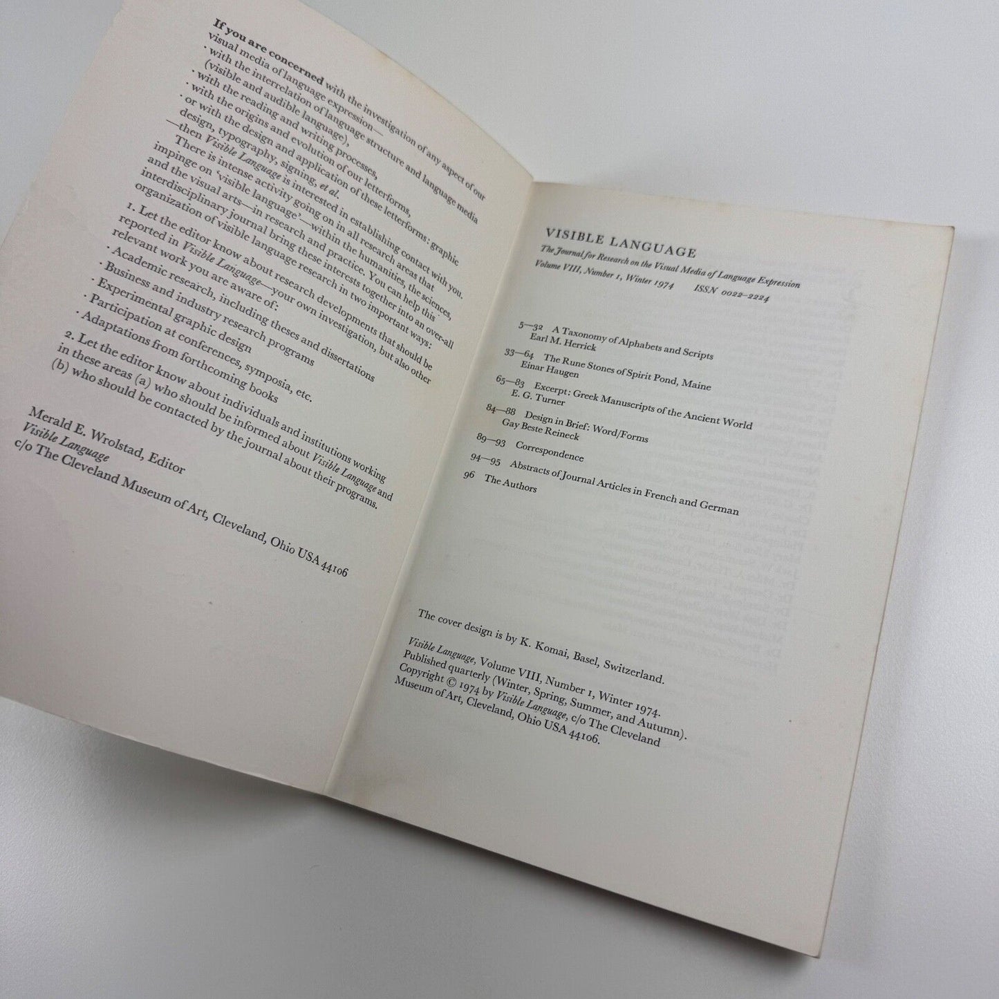Visible Language – The Journal for Research on the Visual Media of Language Expression | Volume VIII, Number 1, Winter 1974