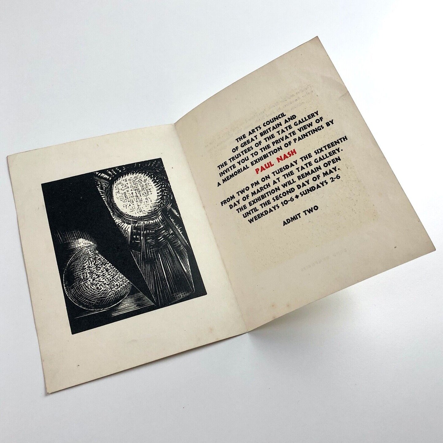 Private view invitation for Paul Nash Memorial Exhibition 1889-1946 | The Tate and Arts Council, 1946