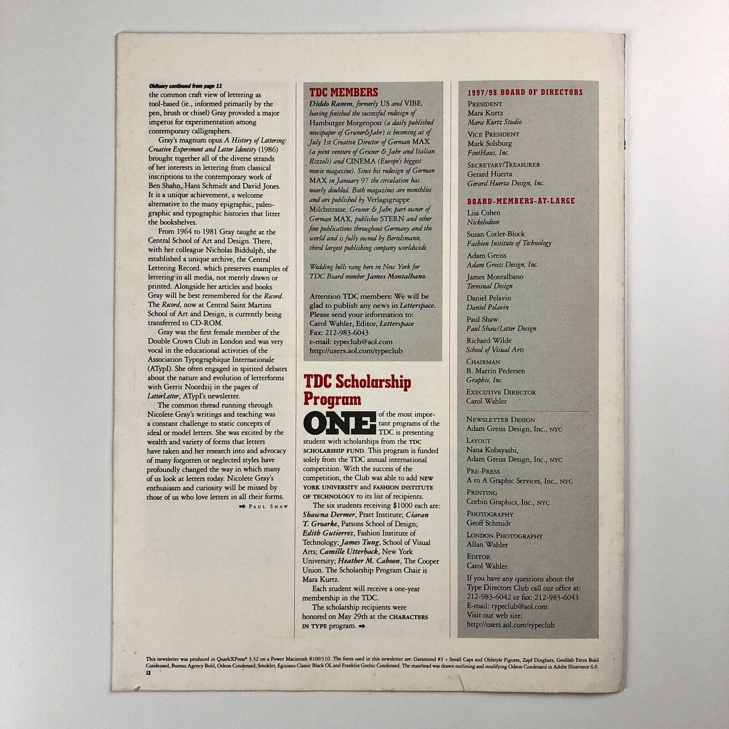 Letterspace. The Newsletter of the Type Directors Club 1997 | With Nicolete Gray obituary