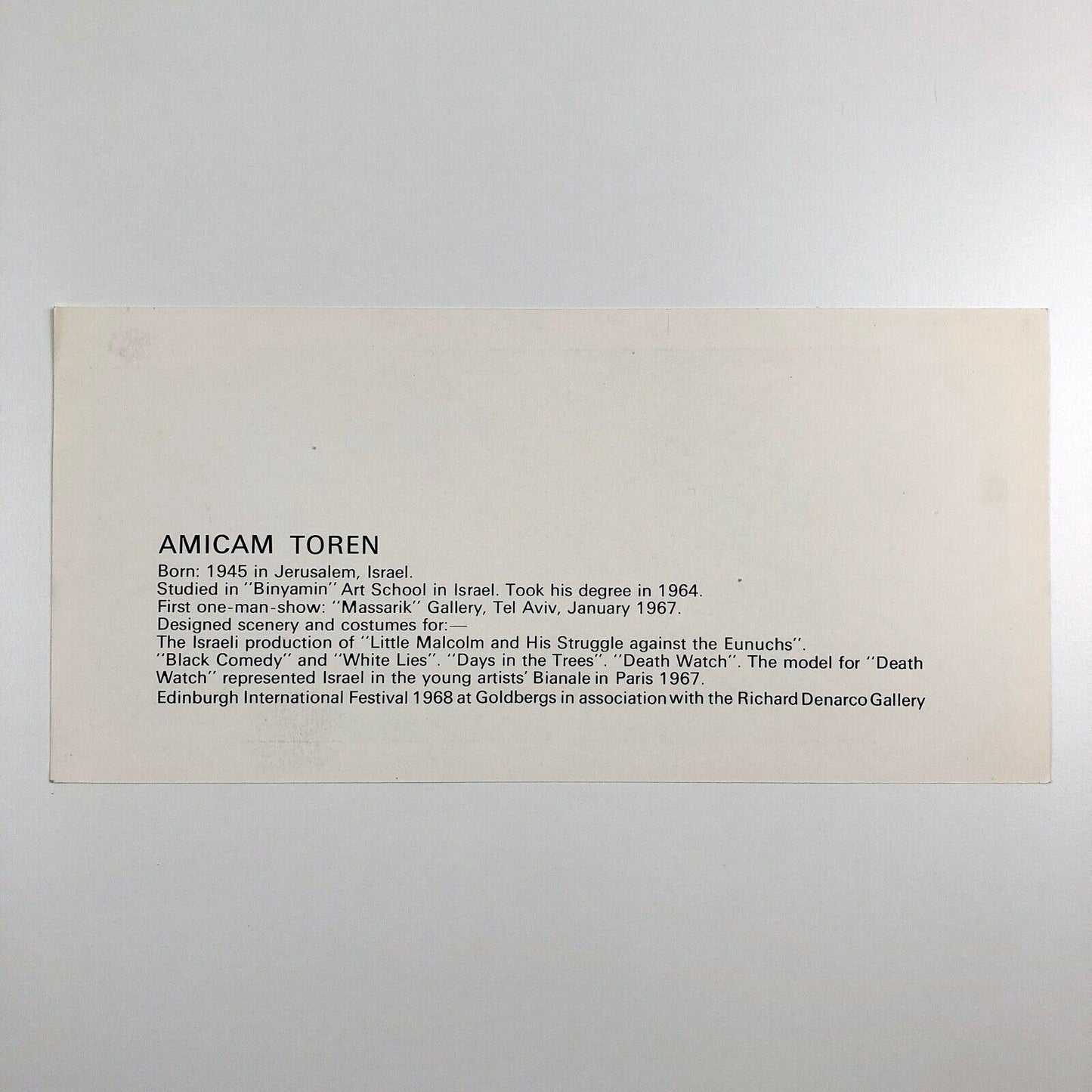 Card for Amicam Toren | Edinburgh Festival 1968/Goldbergs Richard Denarco Gallery