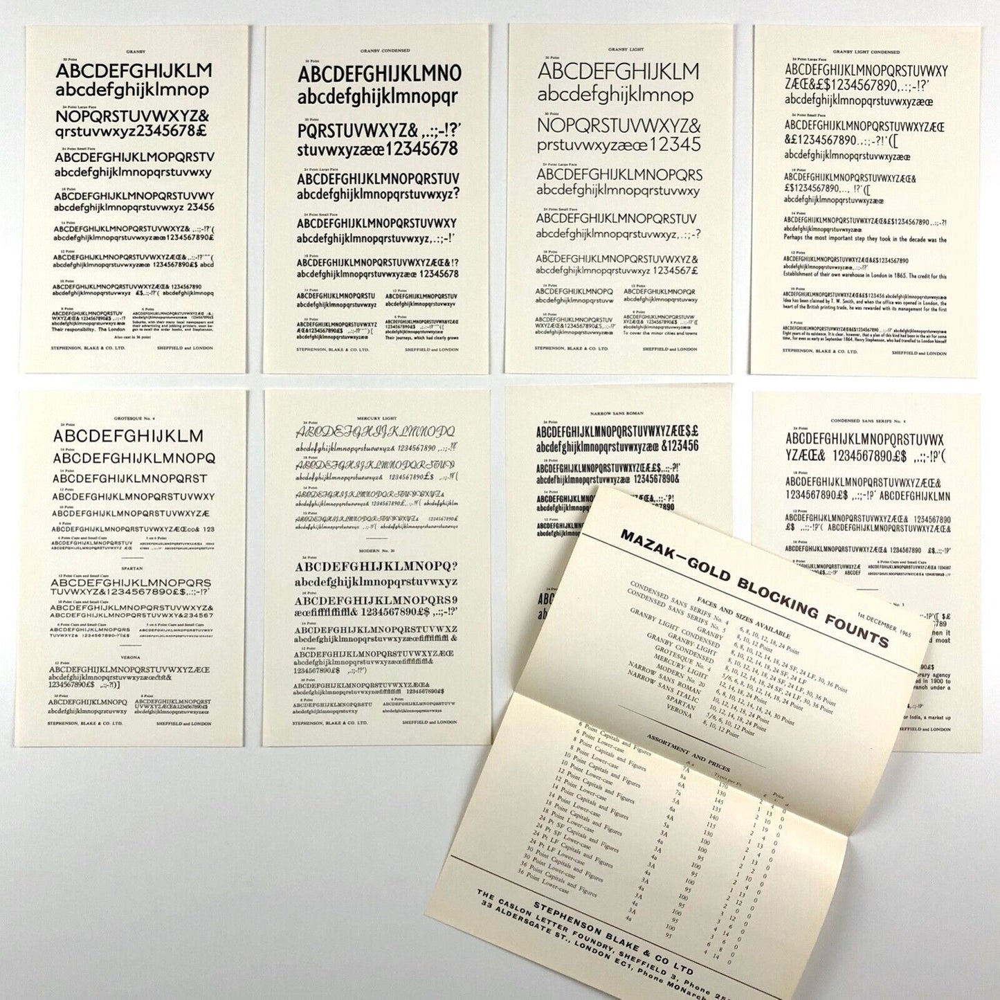 Mazak Zinc Alloy Type | Type specimen folder and inserts | Stephenson Blake Caslon | Price list dated December 1965