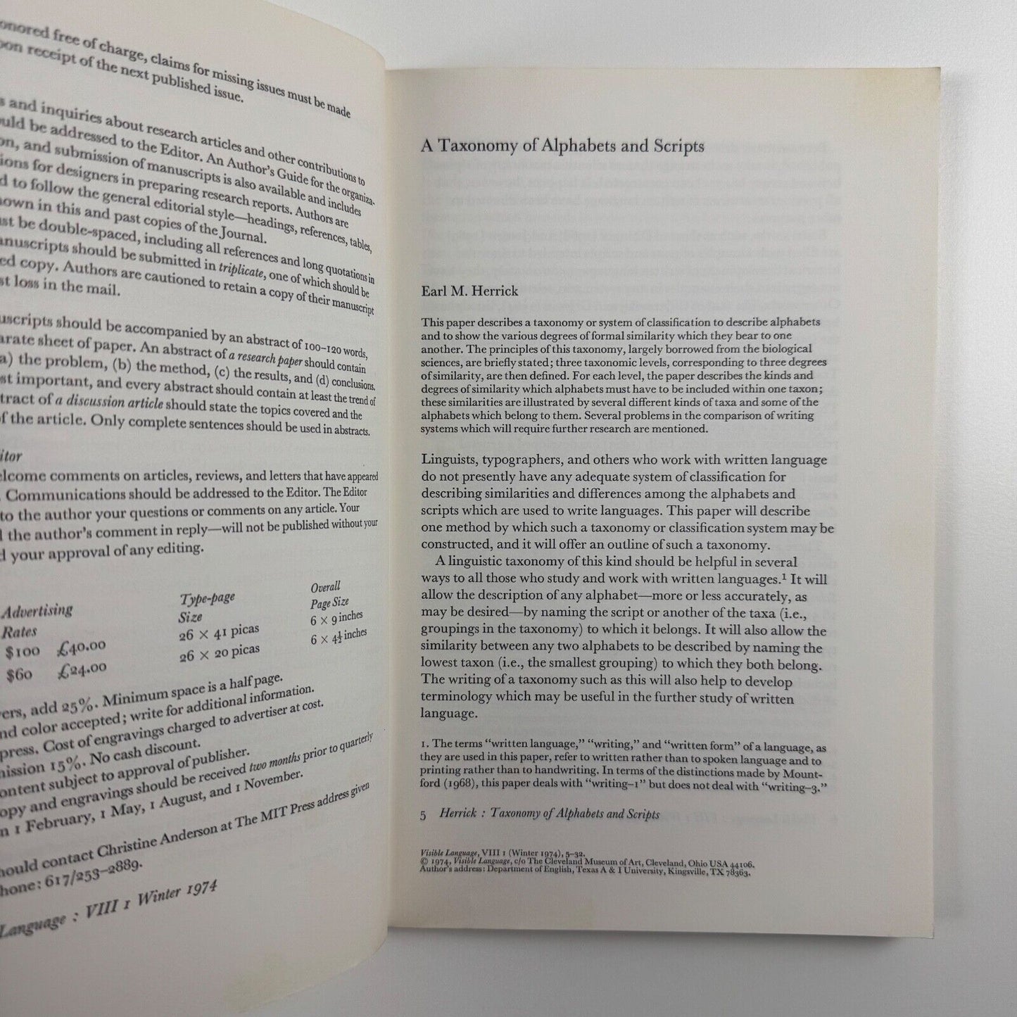Visible Language – The Journal for Research on the Visual Media of Language Expression | Volume VIII, Number 1, Winter 1974