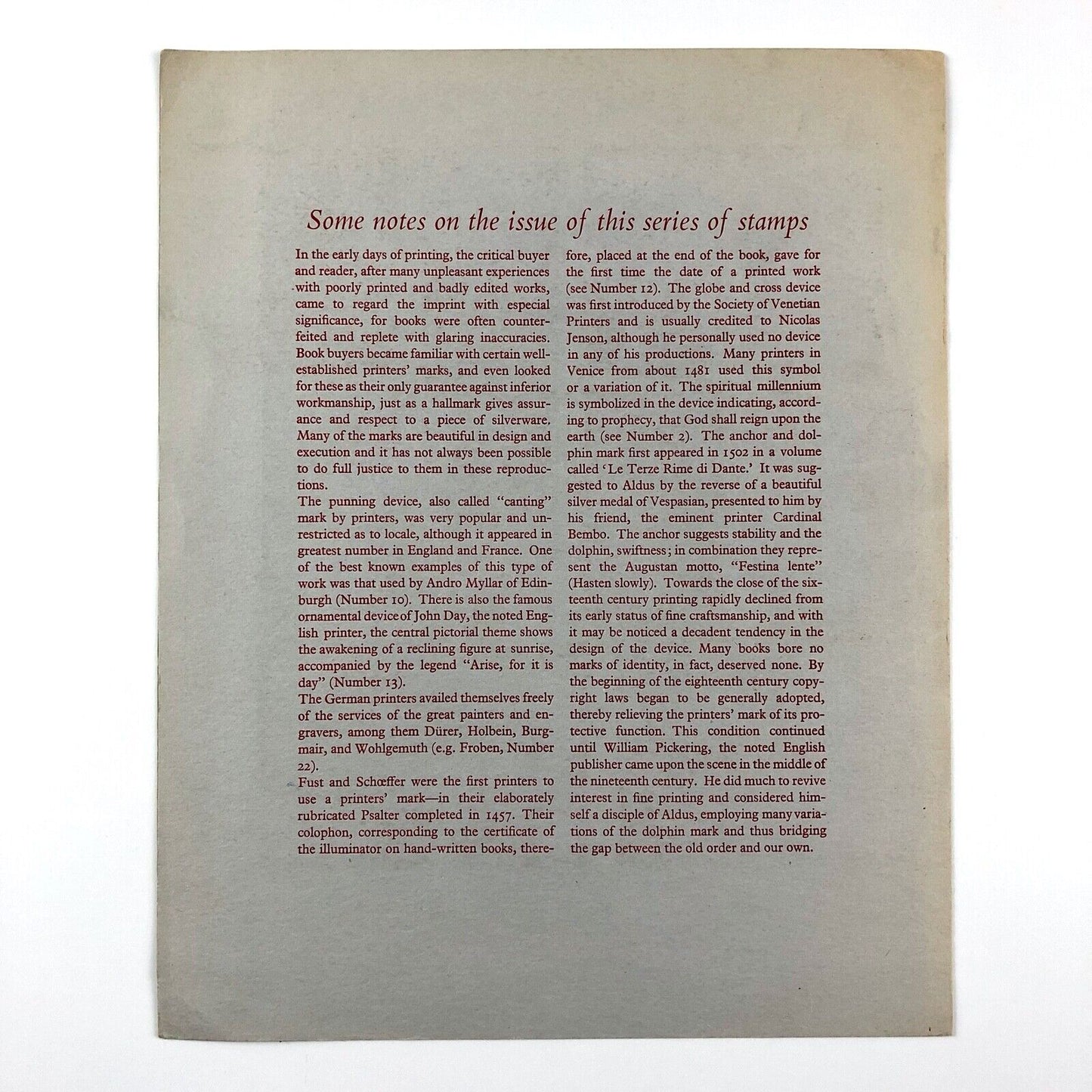 Famous Printers' Marks: folder for the series of stamps | W.P. Griffiths & Sons