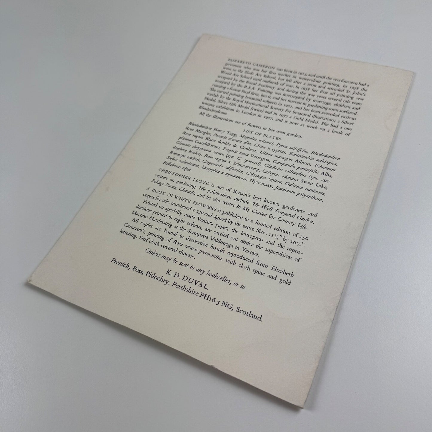 Prospectus for A Book of White Flowers by Elizabeth Cameron K.D. Duval 1980
