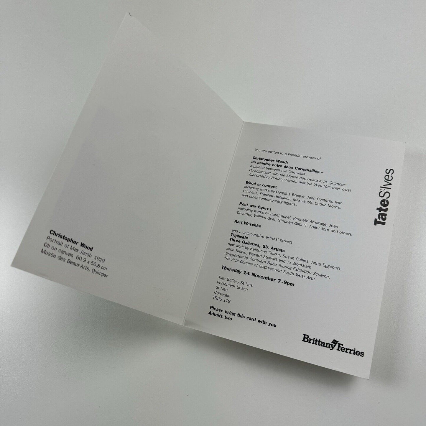 Private view invitation card – Christopher Wood | Tate St Ives | Max Jacob cover image, 1997