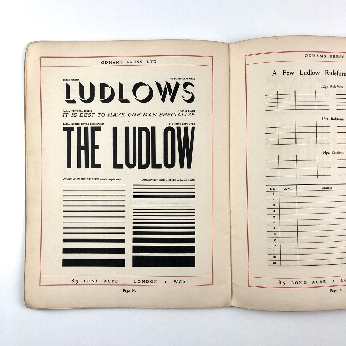 One–Line Specimens of Ludlow Typefaces, Rules, Ruleforme & Borders; | Odhams Press, 1930s?