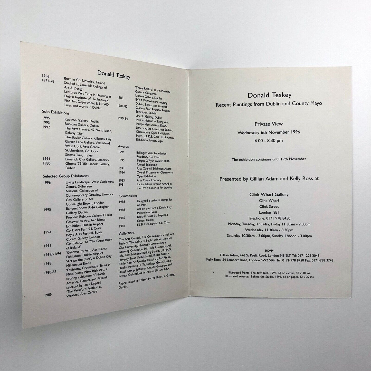 Private view invitation for Donald Teskey. Recent Paintings from Dublin and County Mayo Clink Wharf Gallery, 1996