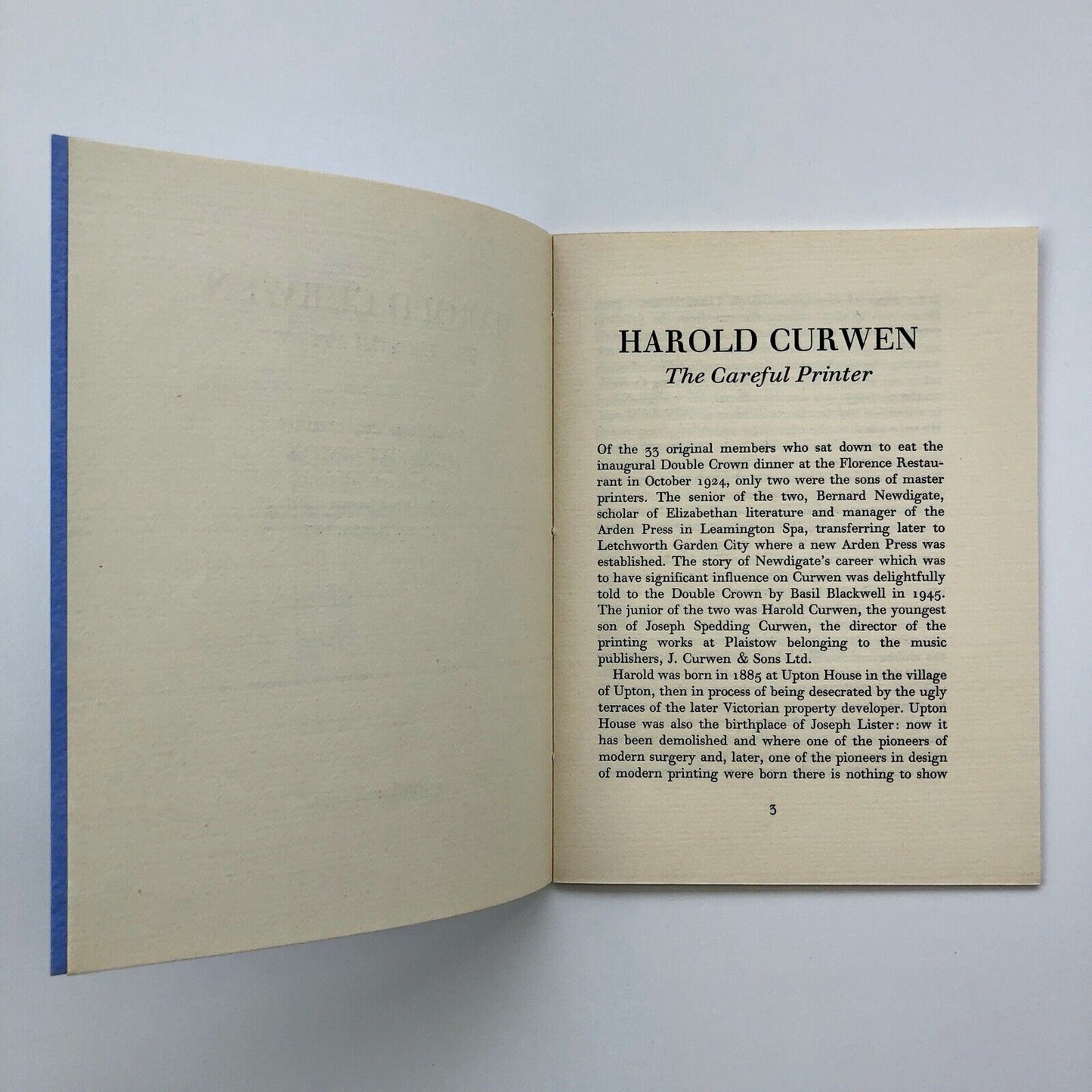 Harold Curwen. The Careful Printer by Herbert Simon | address given at Double Crown Club 1973