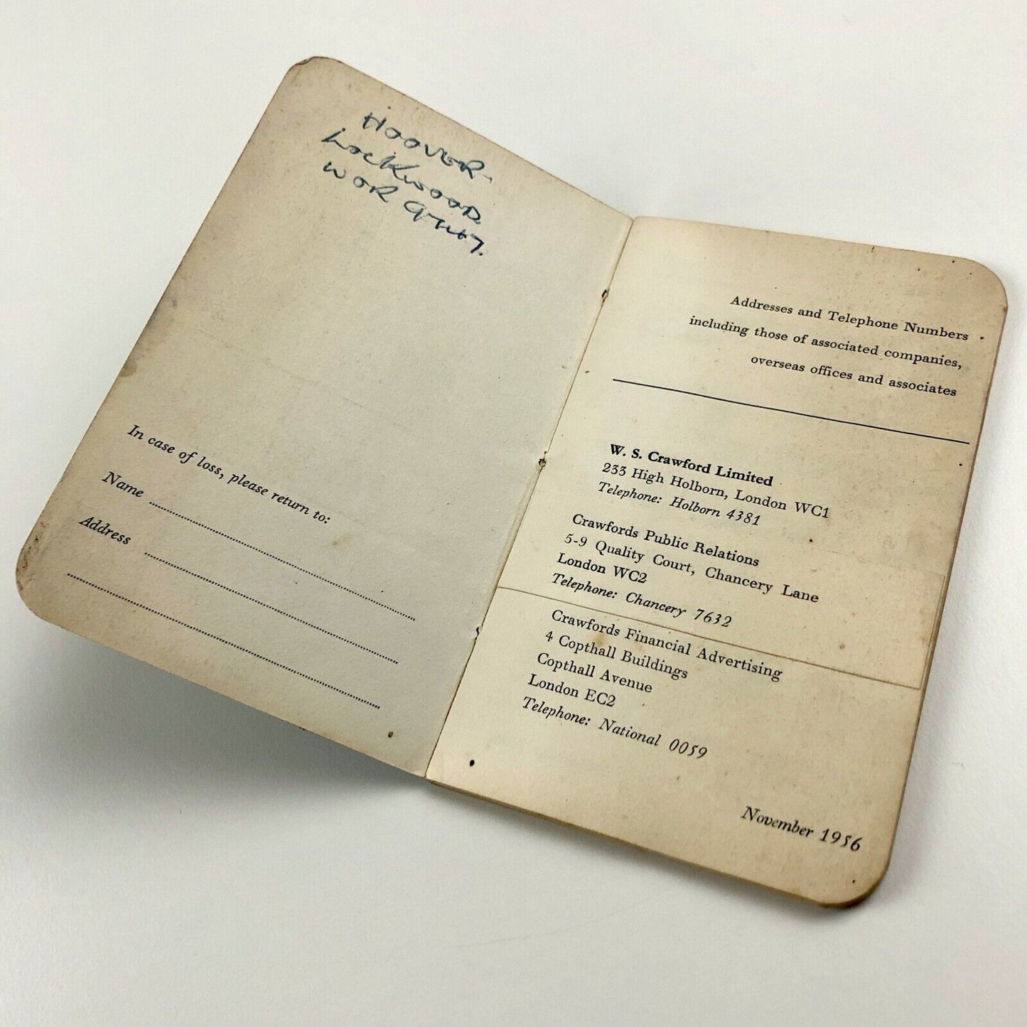 W.S. Crawford Crawfords advertising agency address book November 1952 includes Ashley Havinden