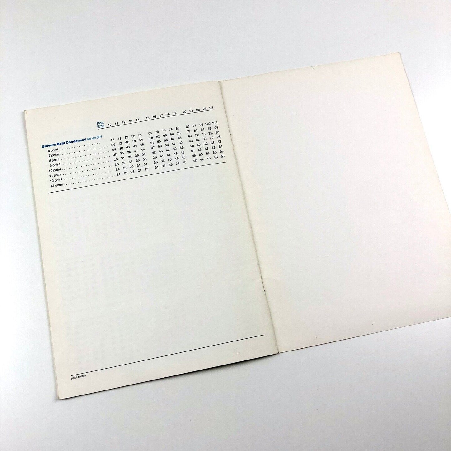 Copyfitting book showing average number of lower case characters contained in given measures | Booklet produced by J.H. Graphics Ltd.