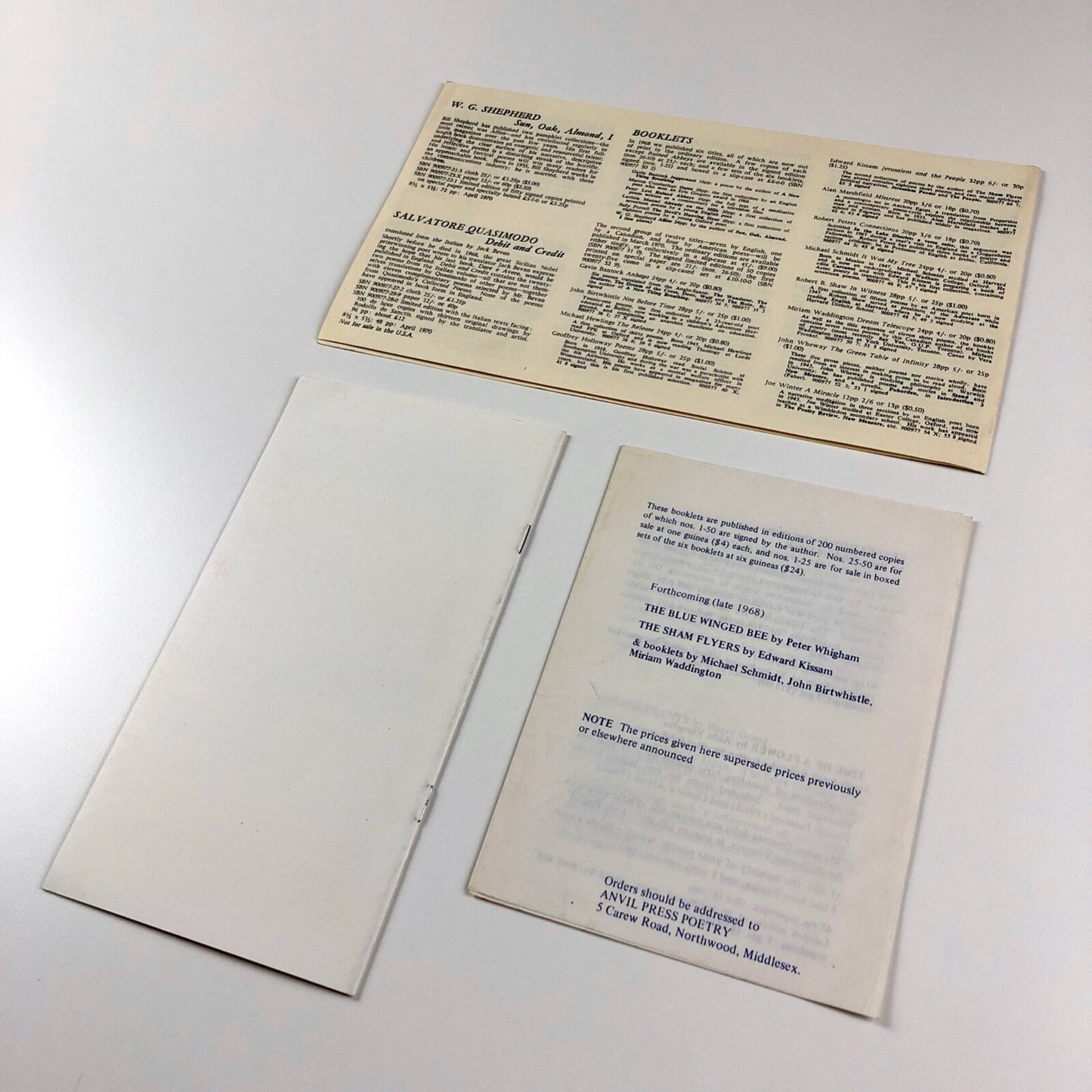 Three Anvil Press Poetry leaflets – 1967-1982