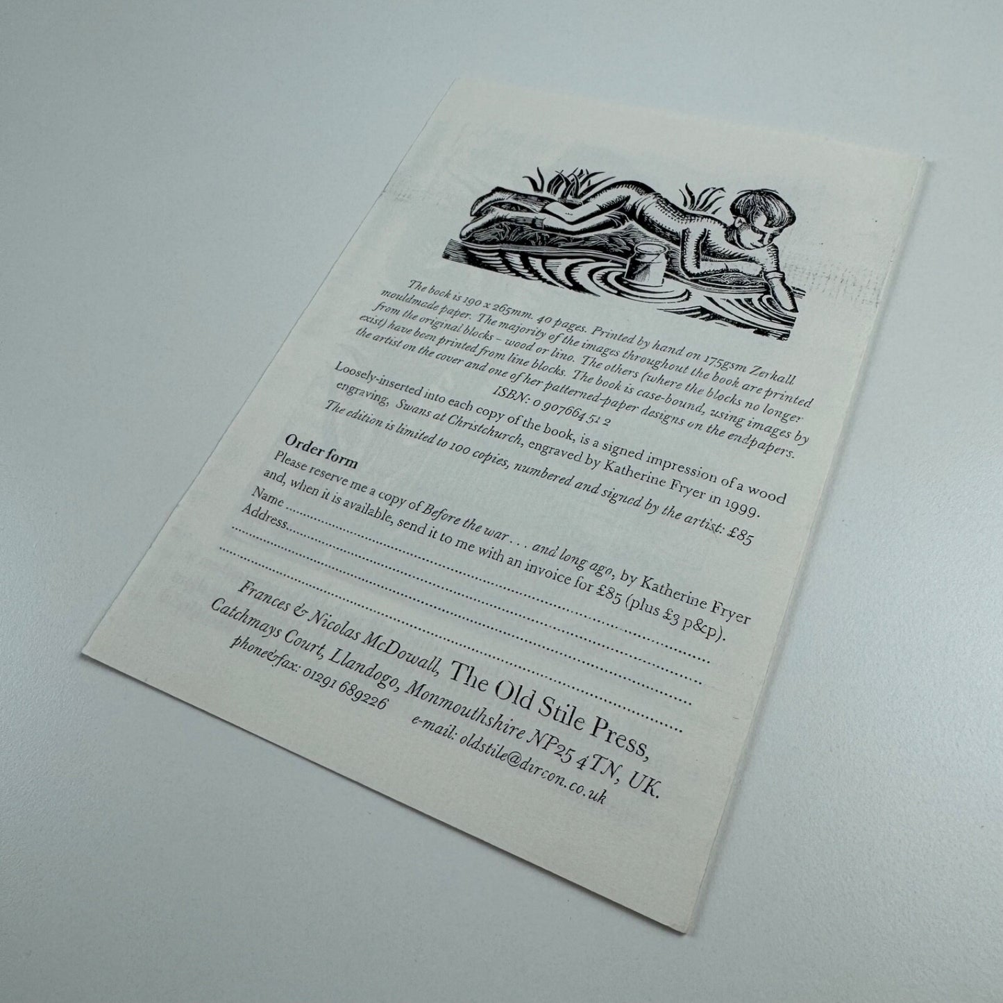 Order form for Before the war Katherine Fryer The Old Stile Press, 2000