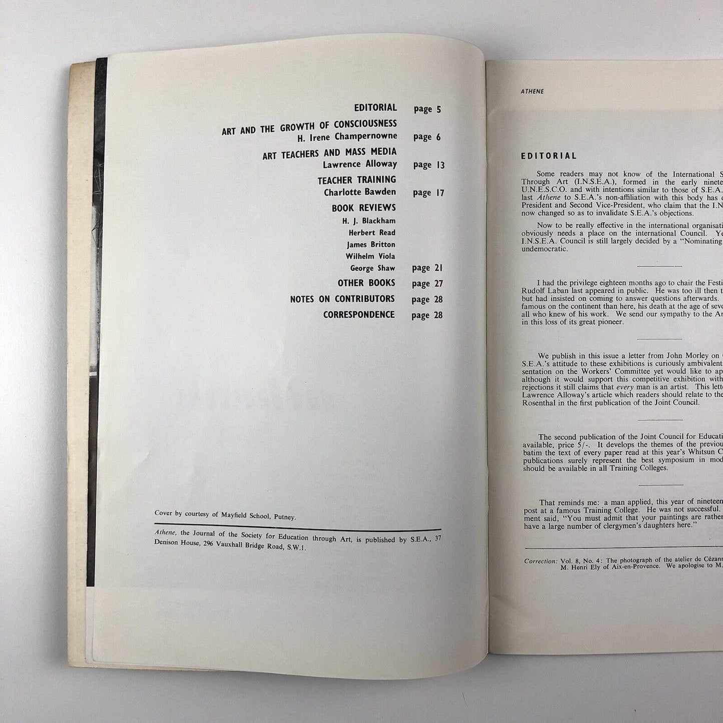 Athene. The Journal of the Society of Education through Art | Vol 9 No 1 Winter 1958-9 | edited by Dennis Young | Herbert Read