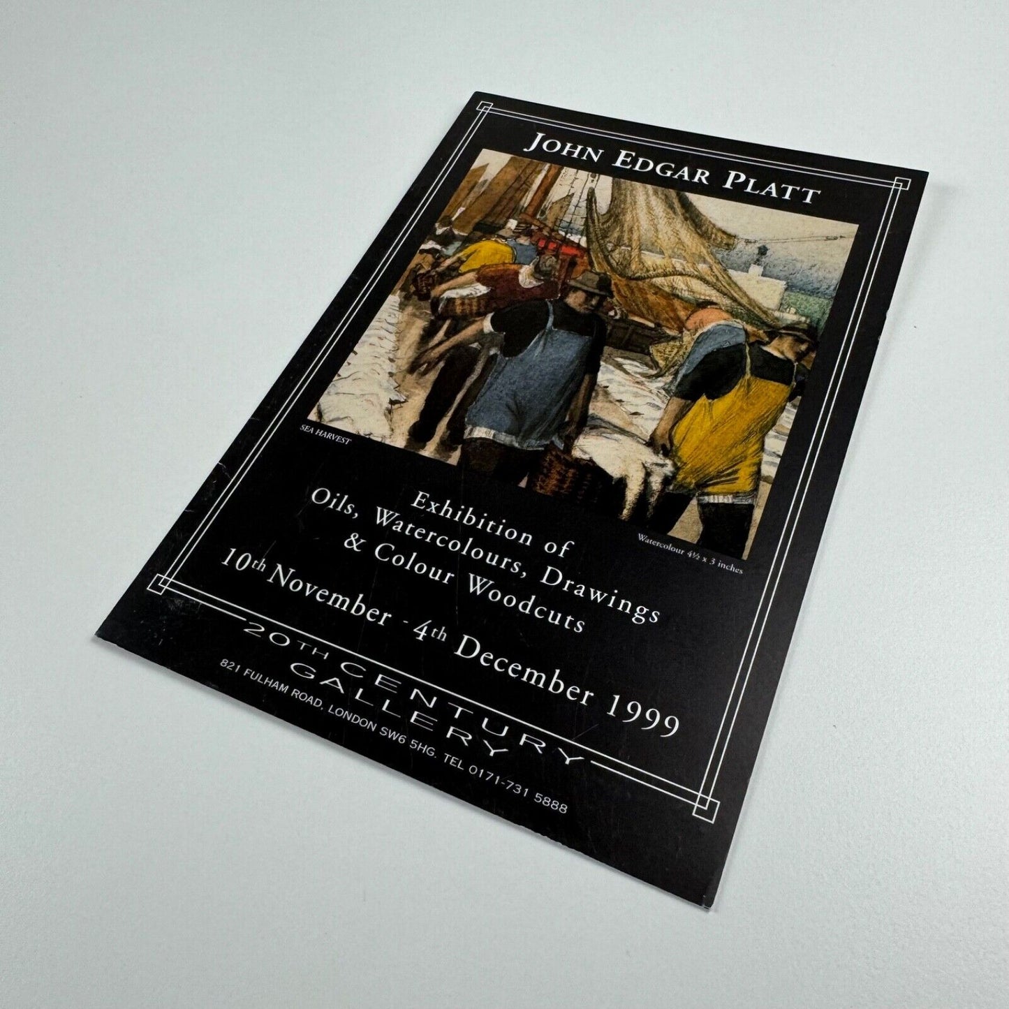 Folding card for John Edgar Platt. Exhibition of oils, watercolours, drawings & colour woodcuts held at 20th century Gallery, London, 1999