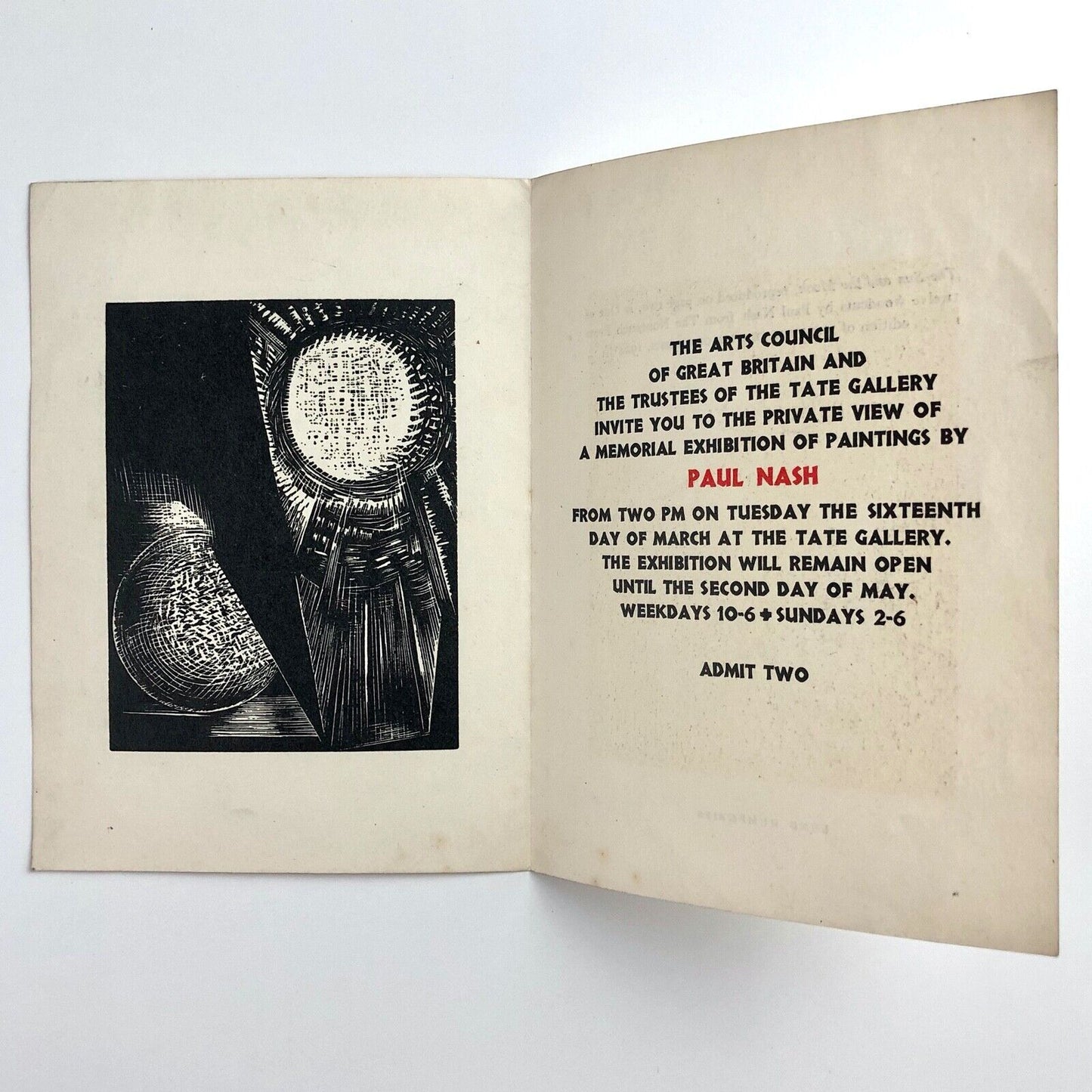 Private view invitation for Paul Nash Memorial Exhibition 1889-1946 | The Tate and Arts Council, 1946