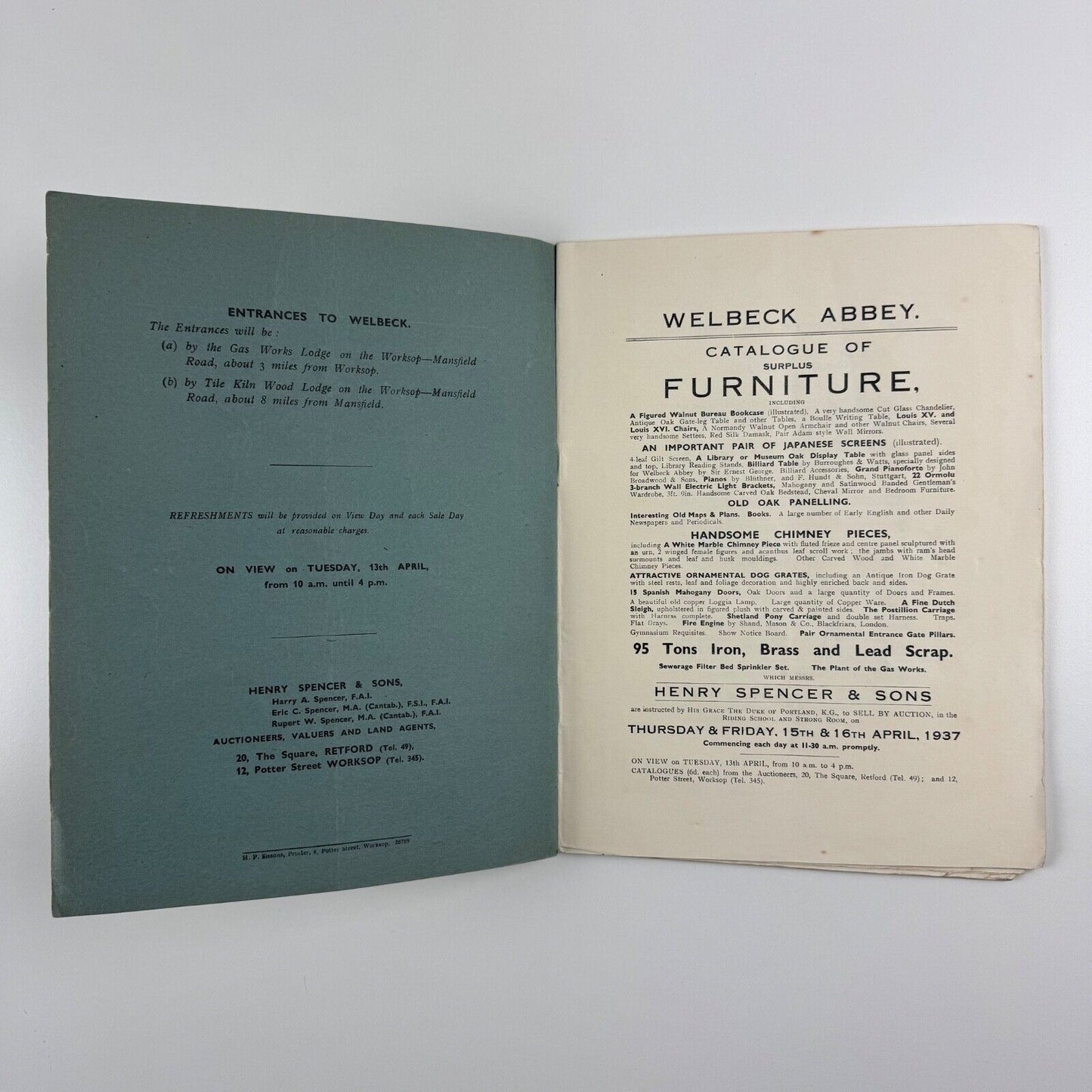 Duke of Portland, K.G. Welbeck Abbey. Catalogue of Surplus Furniture, Handsome Chimney Pieces, Old Oak Panelling, Interior Fittings, and other Effects, April, 1937