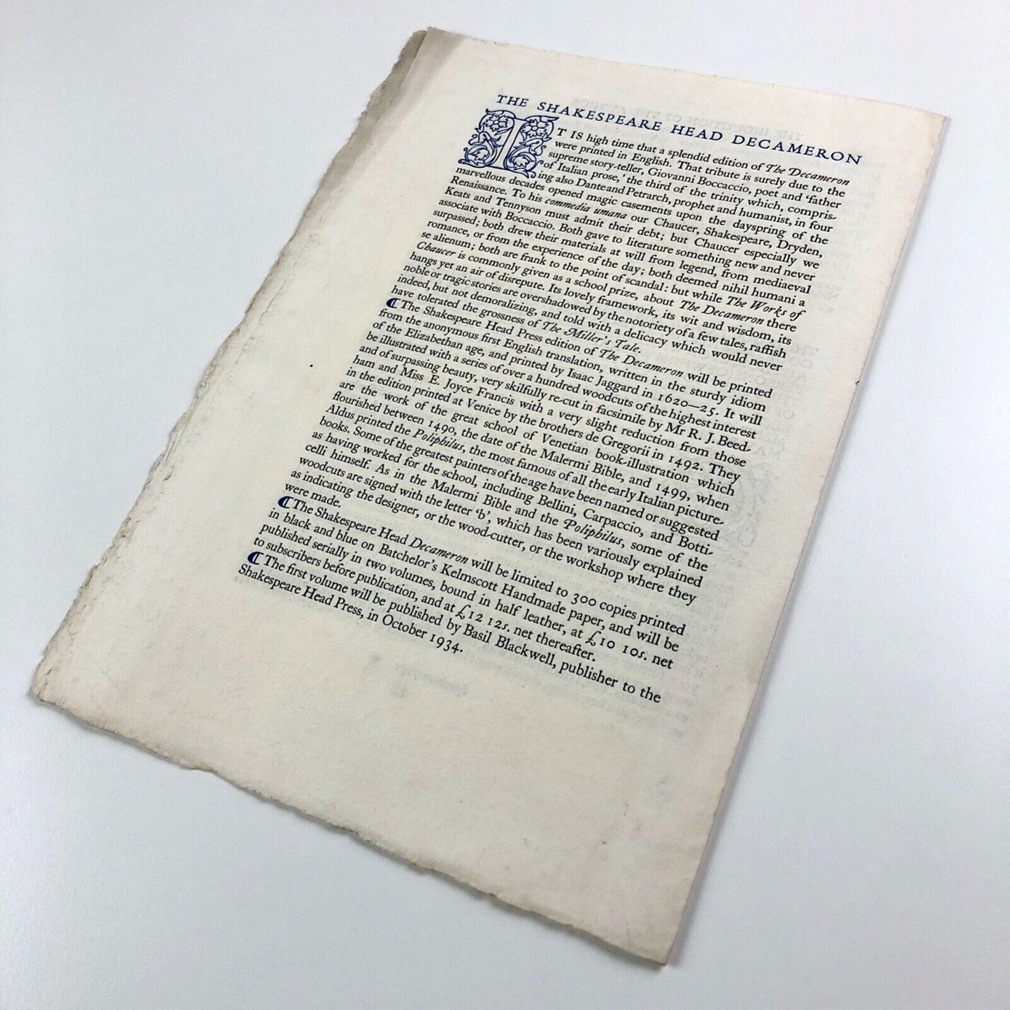 Prospectus for The Decameron Shakespeare Head Press | Edition printed by Isaac Jaggard at The Shakespeare Head Press. First English translation reprint | Maggs Bros, 1938