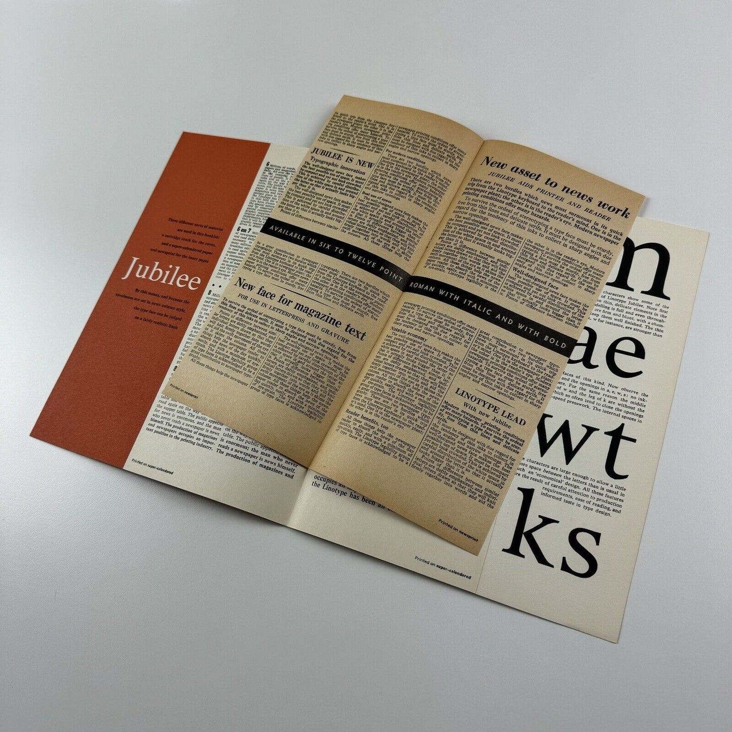 Linotype Jubilee type face – type specimen leaflet | December 1963 | Newspaper type