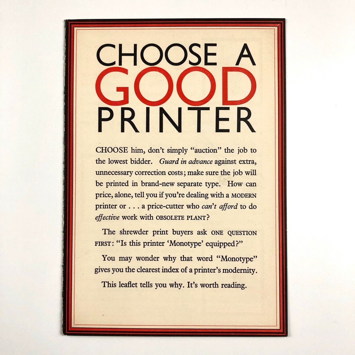 Choose a Good Printer | Monotype Corporation small leaflet | Undated