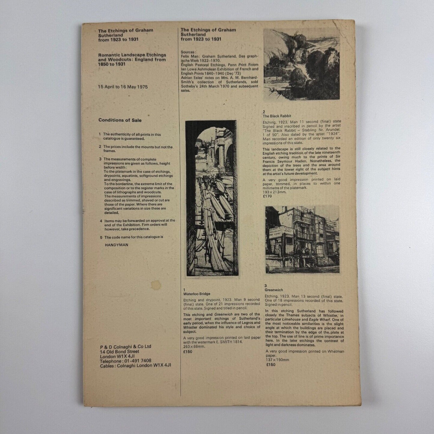 The Etchings of Graham Sutherland from 1923 to 1931 and Romantic Landscape Etchings and Woodcuts: England from 1859 to 1931 P & D Colnaghi, 1975