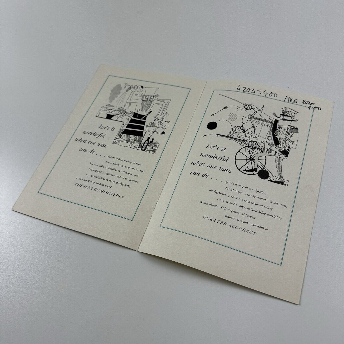 Leaflet The myth of the one-man machine. Monotype Monophoto | Peter Kneebone illustrations, undated