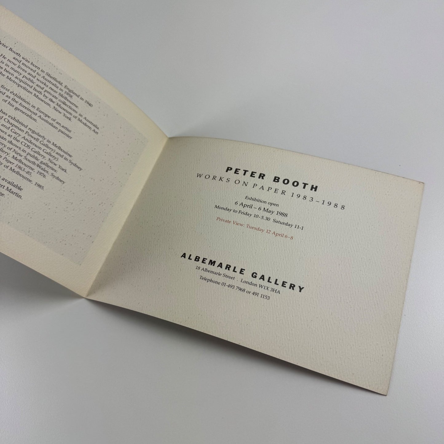 Private view invite Peter Booth Works on Paper | Albermarle Gallery 1988
