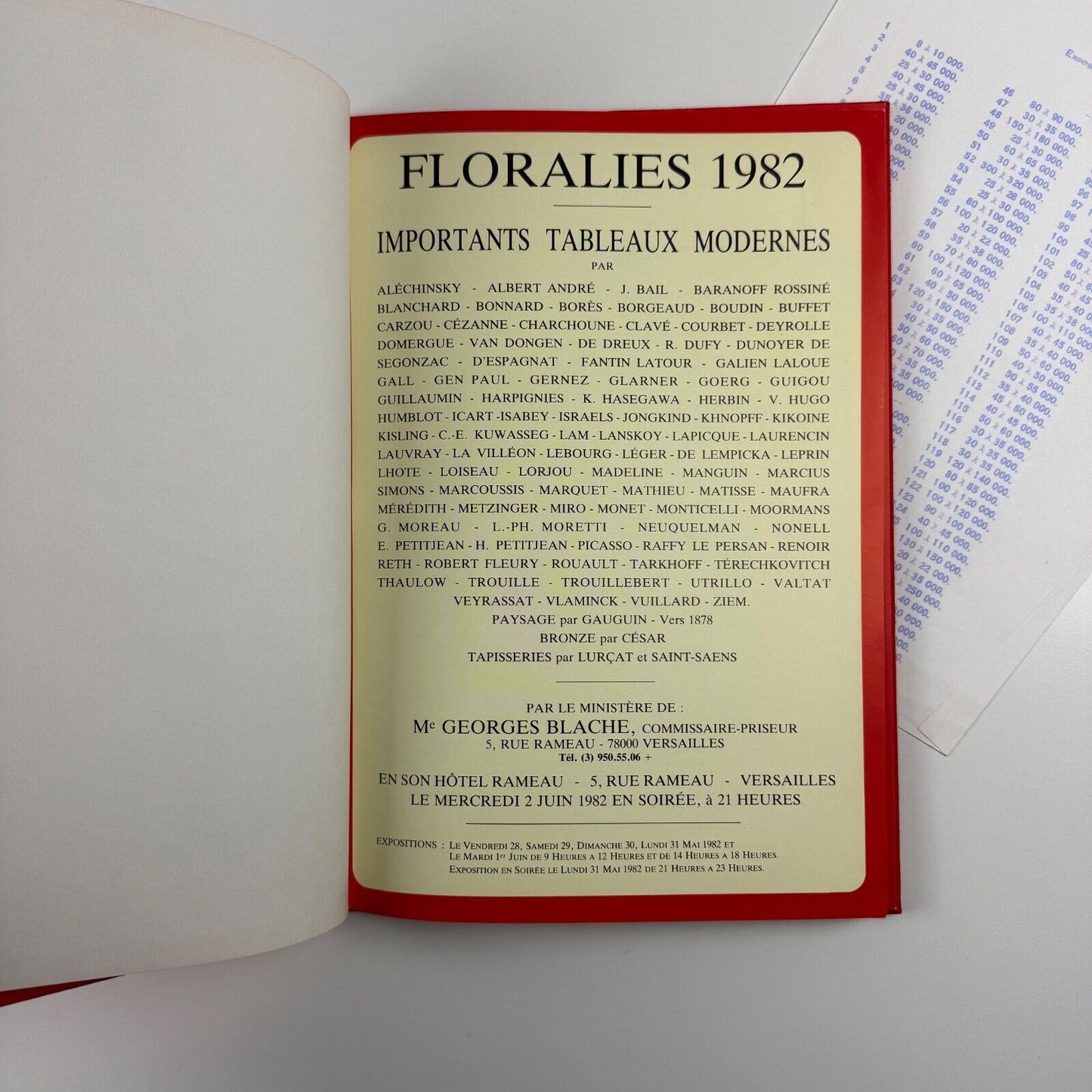 Auction catalogue for Tableaux Modernes. Floralies 1982. Versailles 2 June 1982. Me Georges Blache