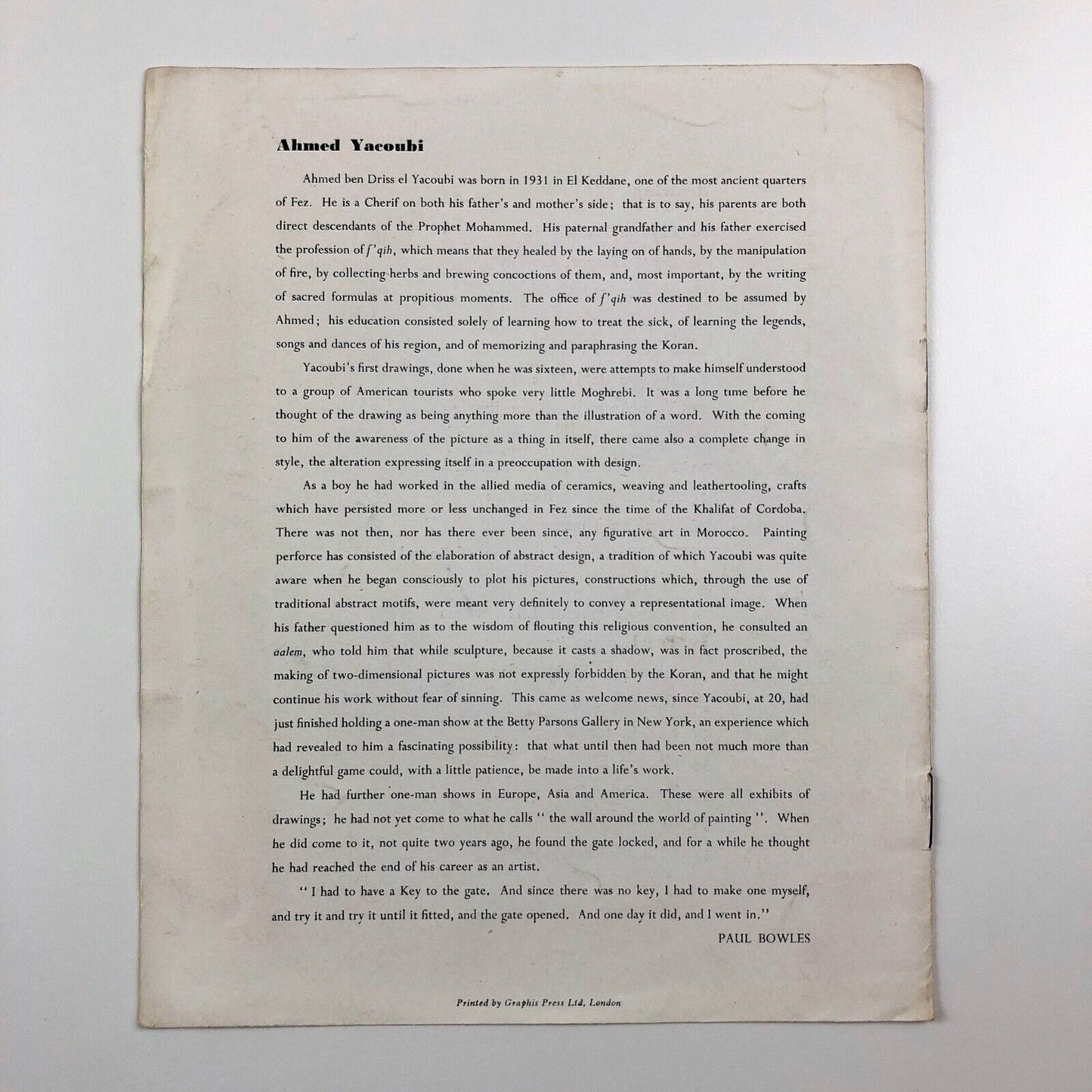 Ahmed Yacoubi. The Hanover Gallery London, 1957 | Exhibition booklet