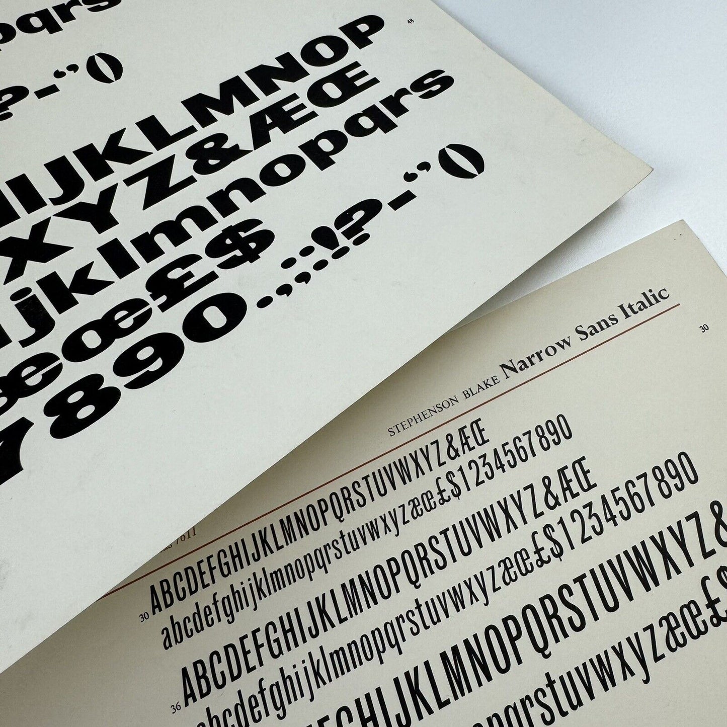 2 x Stephenson Blake type specimen sheets: Wide Sans and Narrow Sans Italic | Wace Group