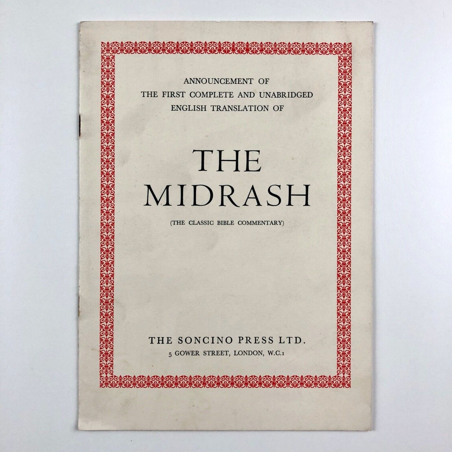 Prospectus for The Midrash Rabbah | edited by Rabbi Dr. H. Freedman | The Soncino Press 1939