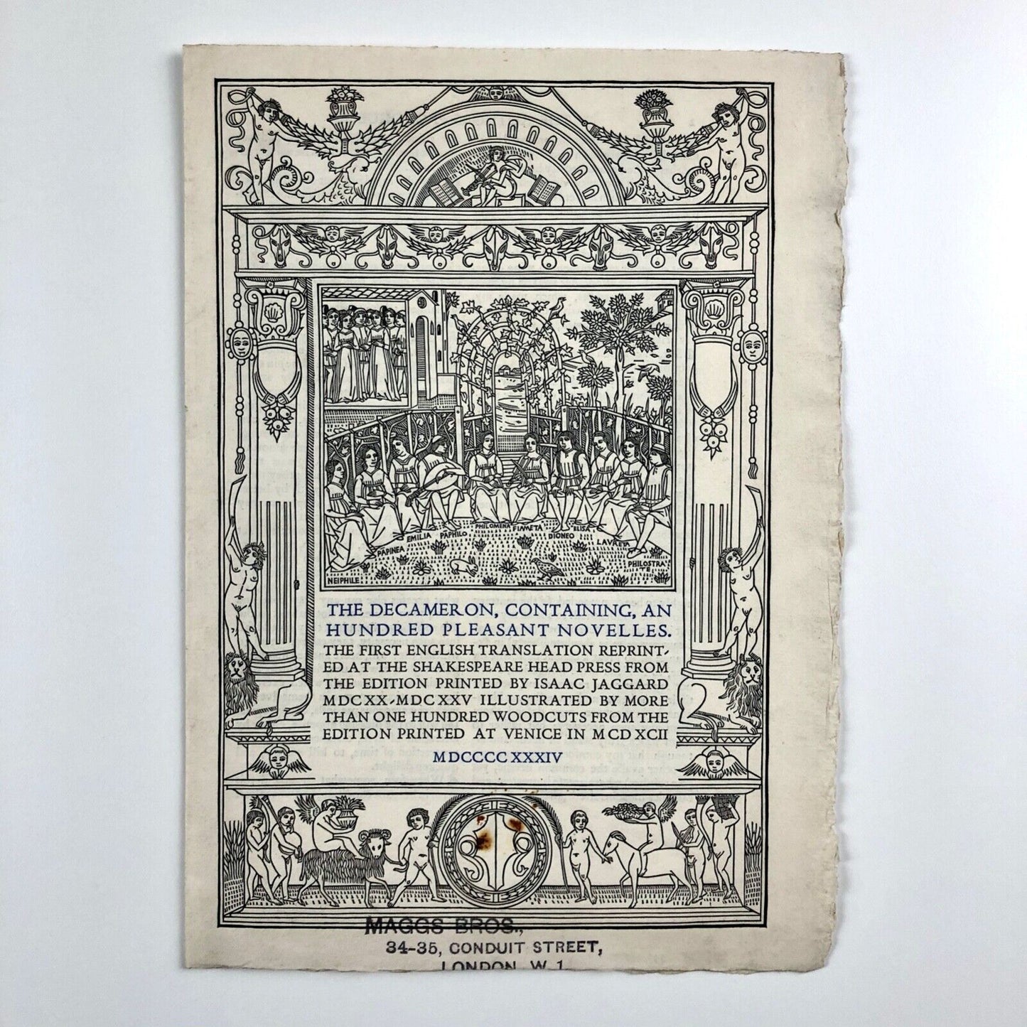 Prospectus for The Decameron Shakespeare Head Press | Edition printed by Isaac Jaggard at The Shakespeare Head Press. First English translation reprint | Maggs Bros, 1938
