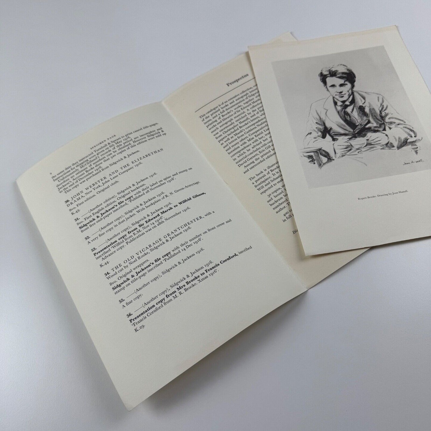Prospectus for Catalogue of Books and Manuscripts by Rupert Brooke Edward Marsh & Christopher Hassall. Collected, compiled and annotated by John Schroder with a frontispiece by Joan Hassall | Rampant Lions Press, undated presumably c.1970