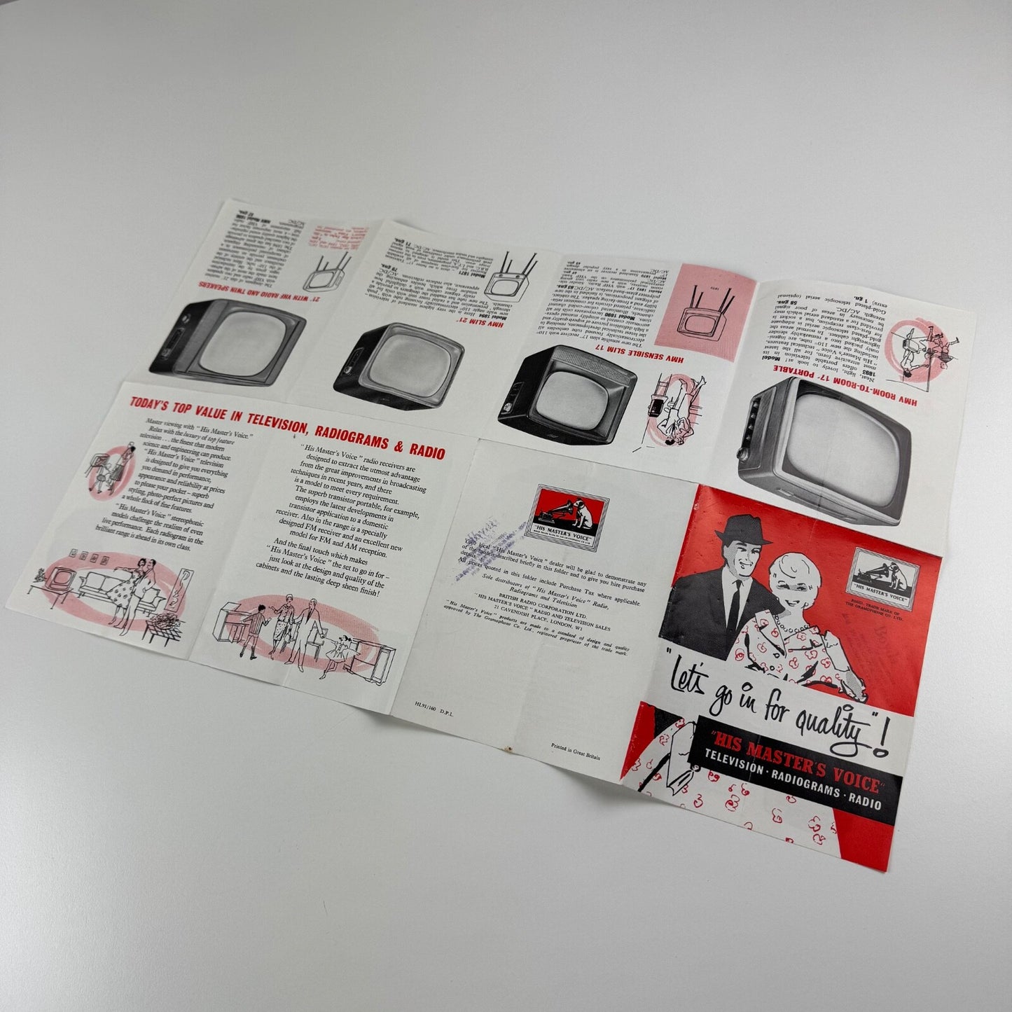Fold-out leaflet ‘Let’s go in for quality’. His Master’s Voice. Television. Radiograms. Radio | undated, presumably 1950/60s