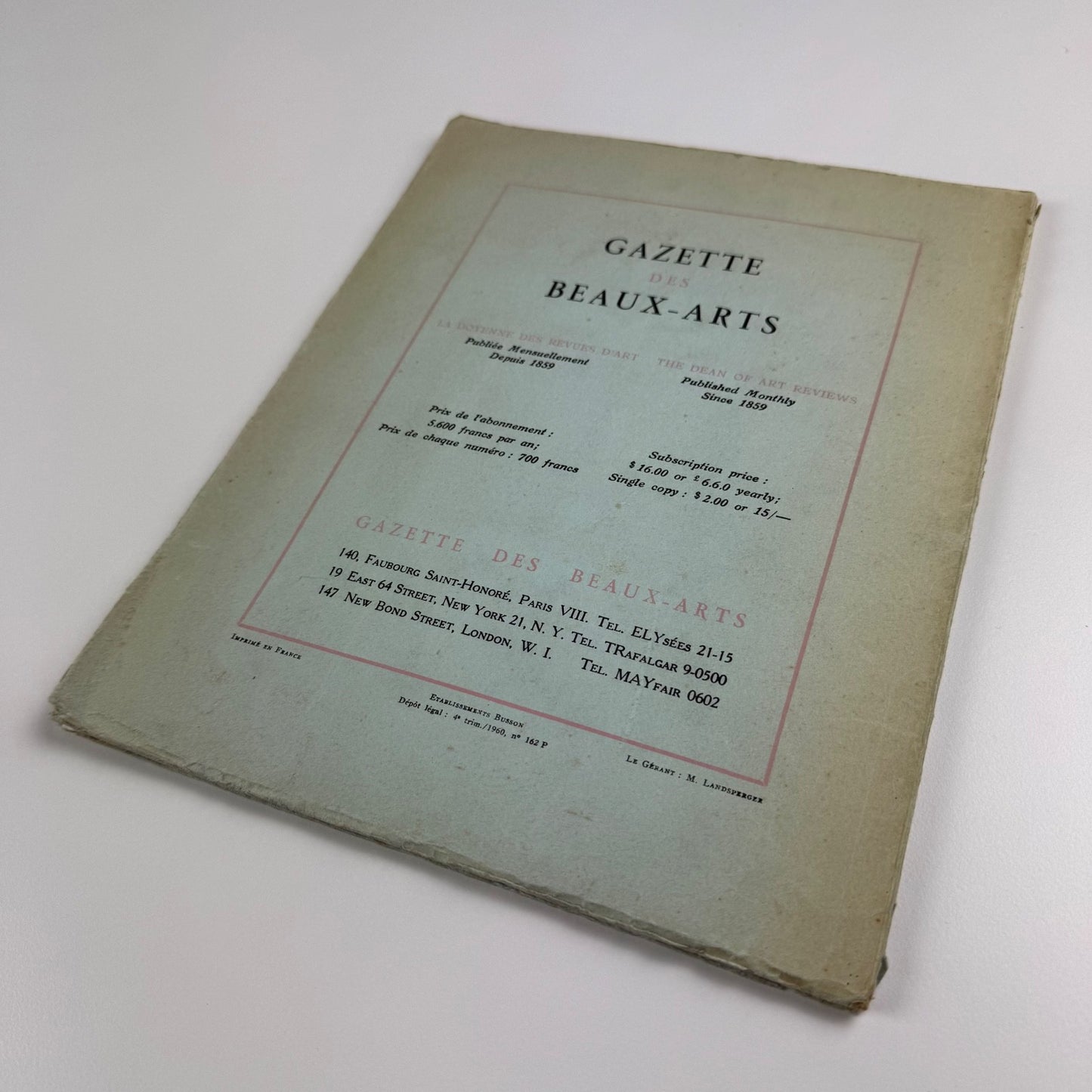 Gazette des Beaux-Arts January to March 1951. Vol 38 Georges Wildenstein