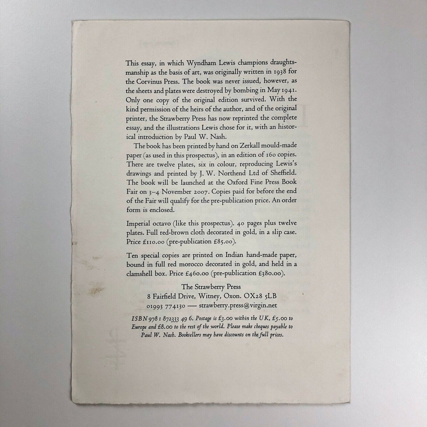 Prospectus for The Role of Line in Art by Wyndham Lewis The Strawberry Press 2007
